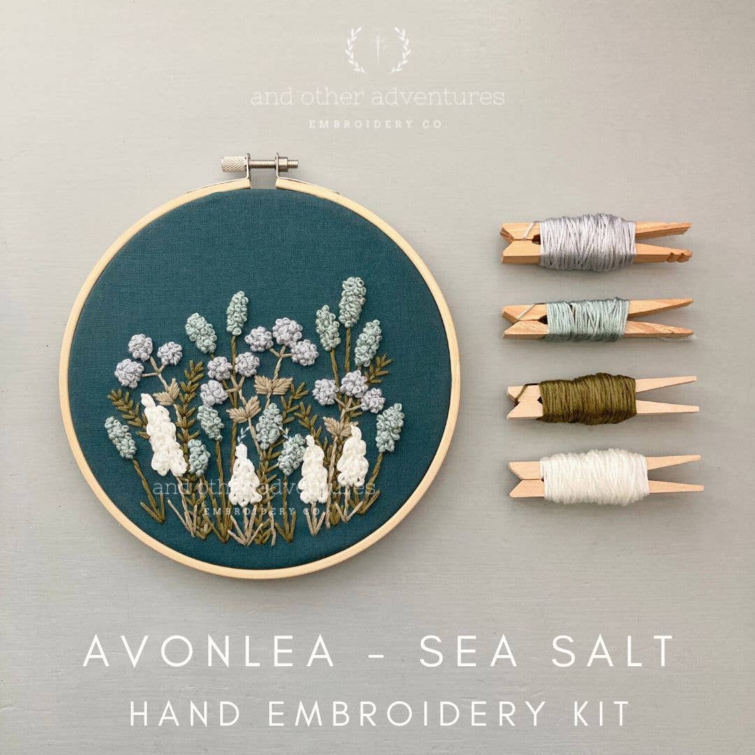 Avonlea Sea Salt Fabric Hand Embroidery Kit for Beginners - DIY Floral Embroidery Set with Thread, Needle & Pattern - Perfect for Home Decor, Gifts & Craft Projects