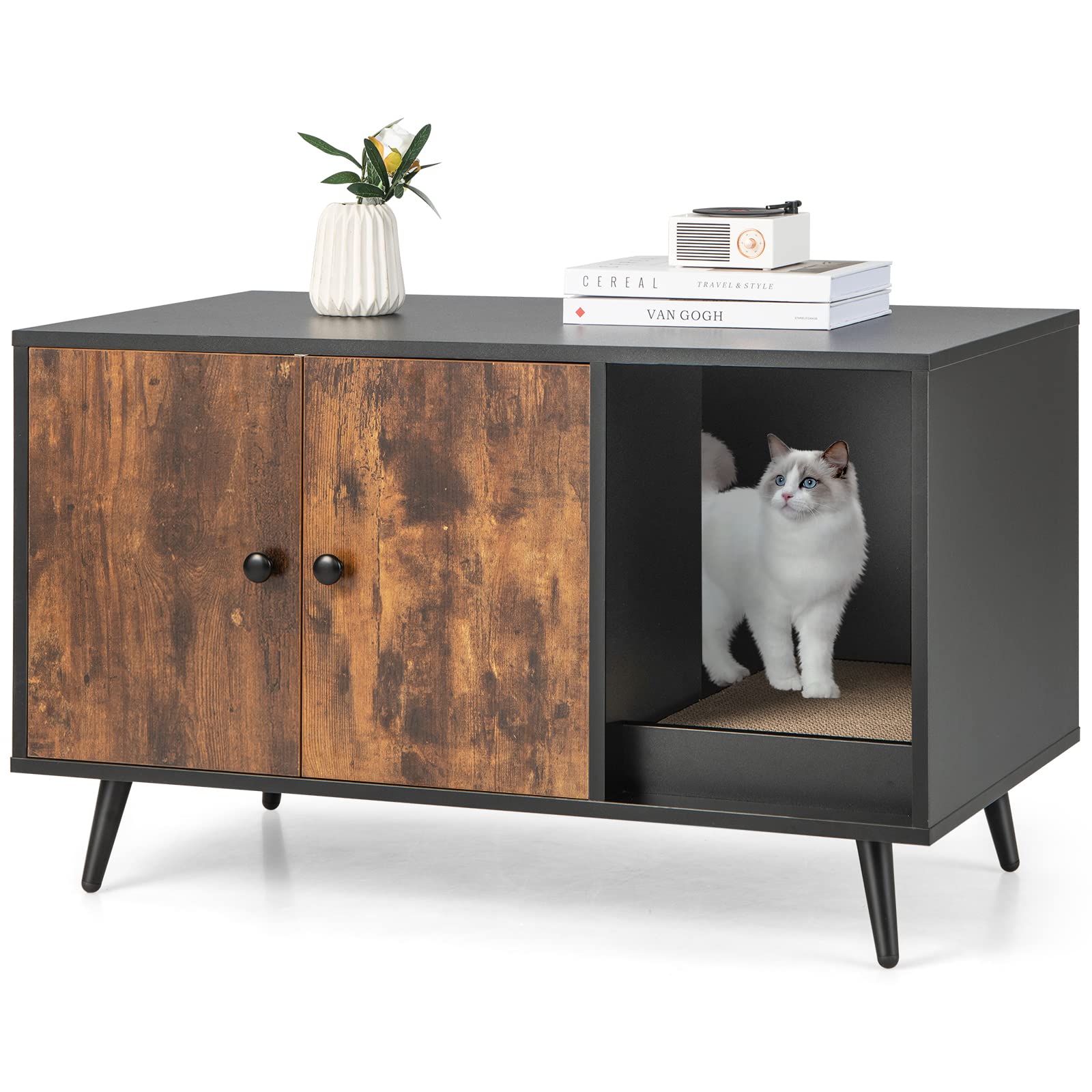 Tangkula Enclosed Cat Litter Box Furniture with Divider, Scratching Pad & Metal Legs - Hidden Litter Box Cabinet with Double Doors for Large Cats (Rustic Brown) | Perfect for Living Rooms, Bedrooms & Small Spaces