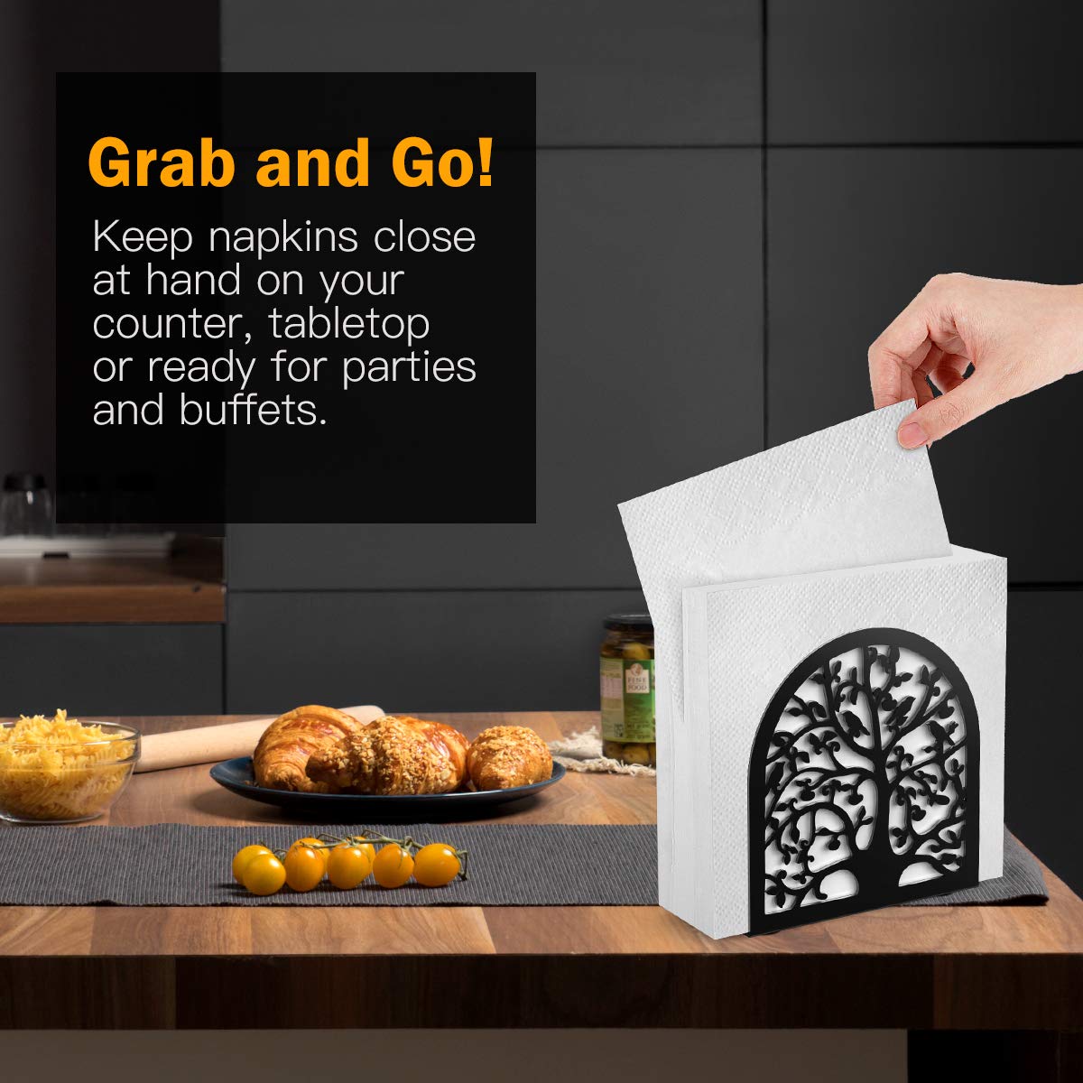 Modern Metal Napkin Holder - Tree & Bird Design Kitchen & Dining Table Organizer | Freestanding Napkin Stand for Home, Restaurant, Picnic & Party Decor | Black Tableware Accessory (Perfect for Everyday Use, Holiday Gatherings & Outdoor Dining)