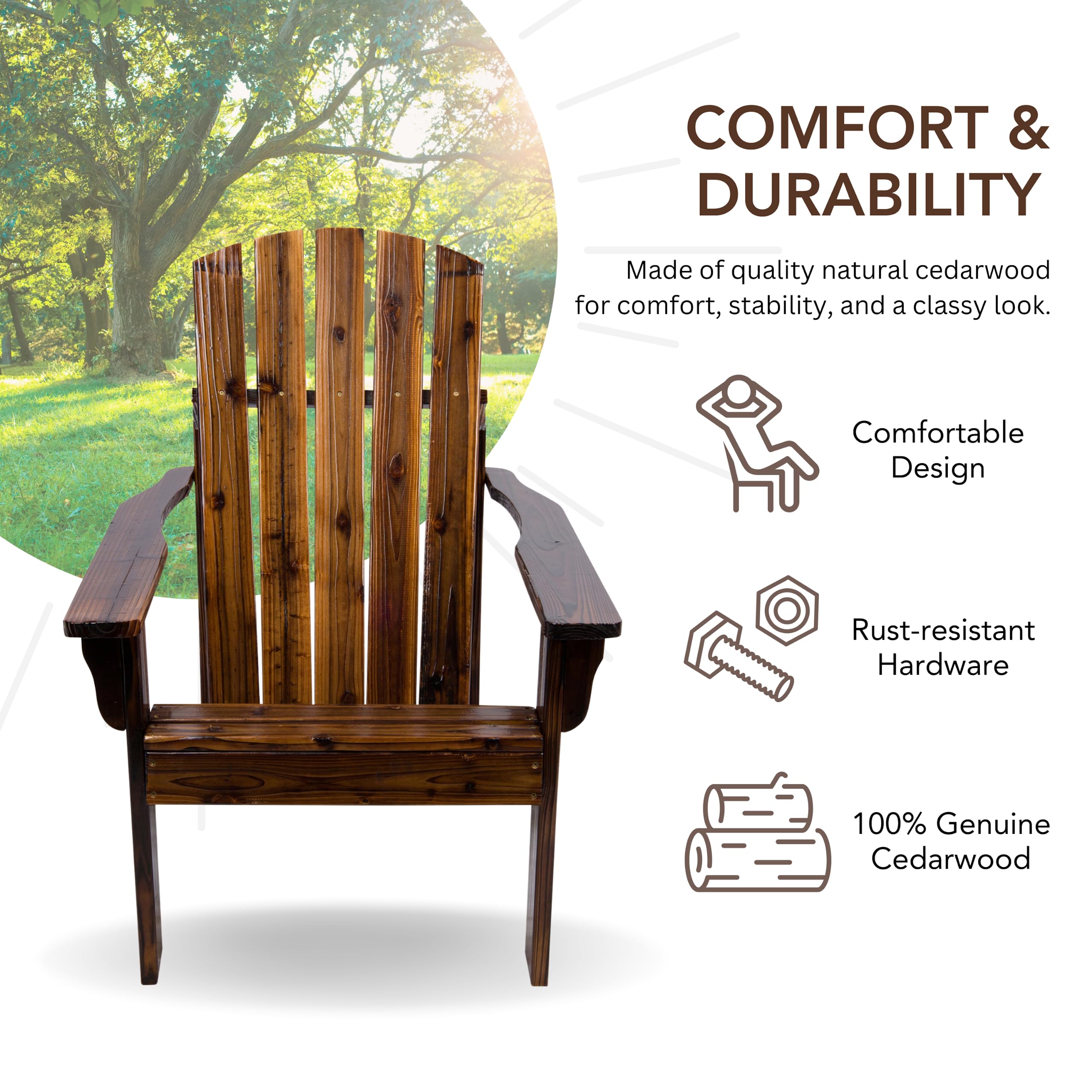 Shine Company Mid-Century Modern Wooden Adirondack Chair - Outdoor Patio Fire Pit Lounge Chair with Pre-Assembled Back & Seat in Burnt Brown - Perfect for Backyard, Garden, Poolside & Camping Relaxation