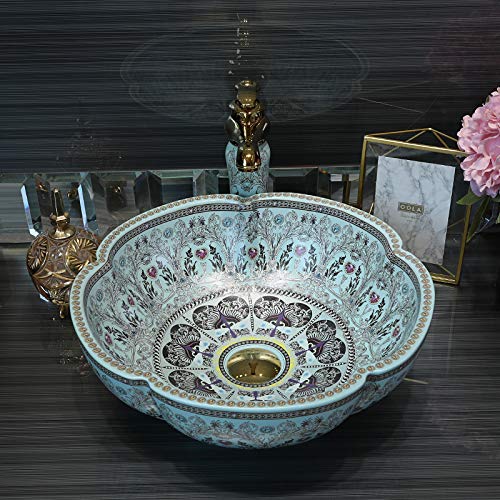 European Style Light Blue Floral Ceramic Vessel Sink - Above Counter Bathroom Vanity Top | Modern Farmhouse & Contemporary Bathroom Decor