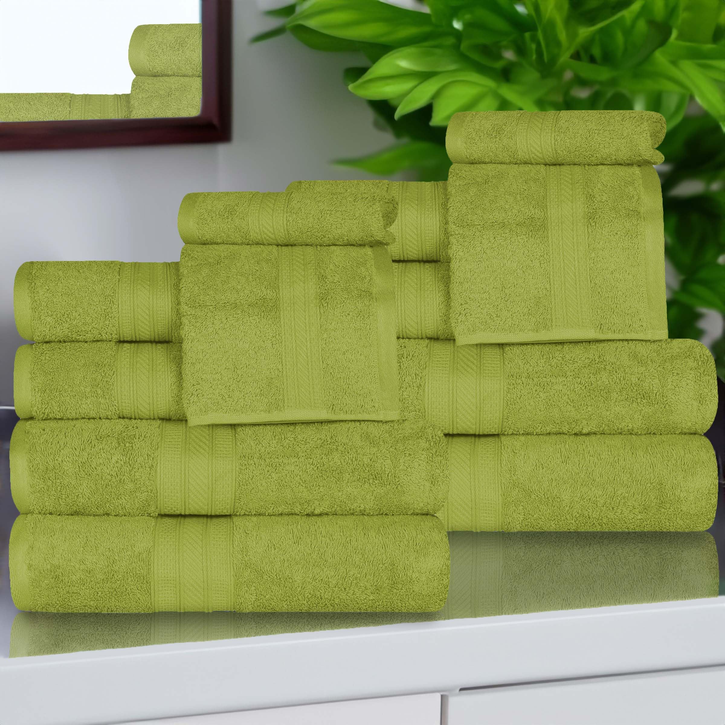 Premium 12-Piece Atlas Cotton Towel Set - Ultra Soft, Highly Absorbent Luxury Bath Towels, Hand Towels & Face Towels for Spa, Hotel & Home Use - Heavyweight Plush Green Essence Collection for Bathroom & Resort Style Comfort