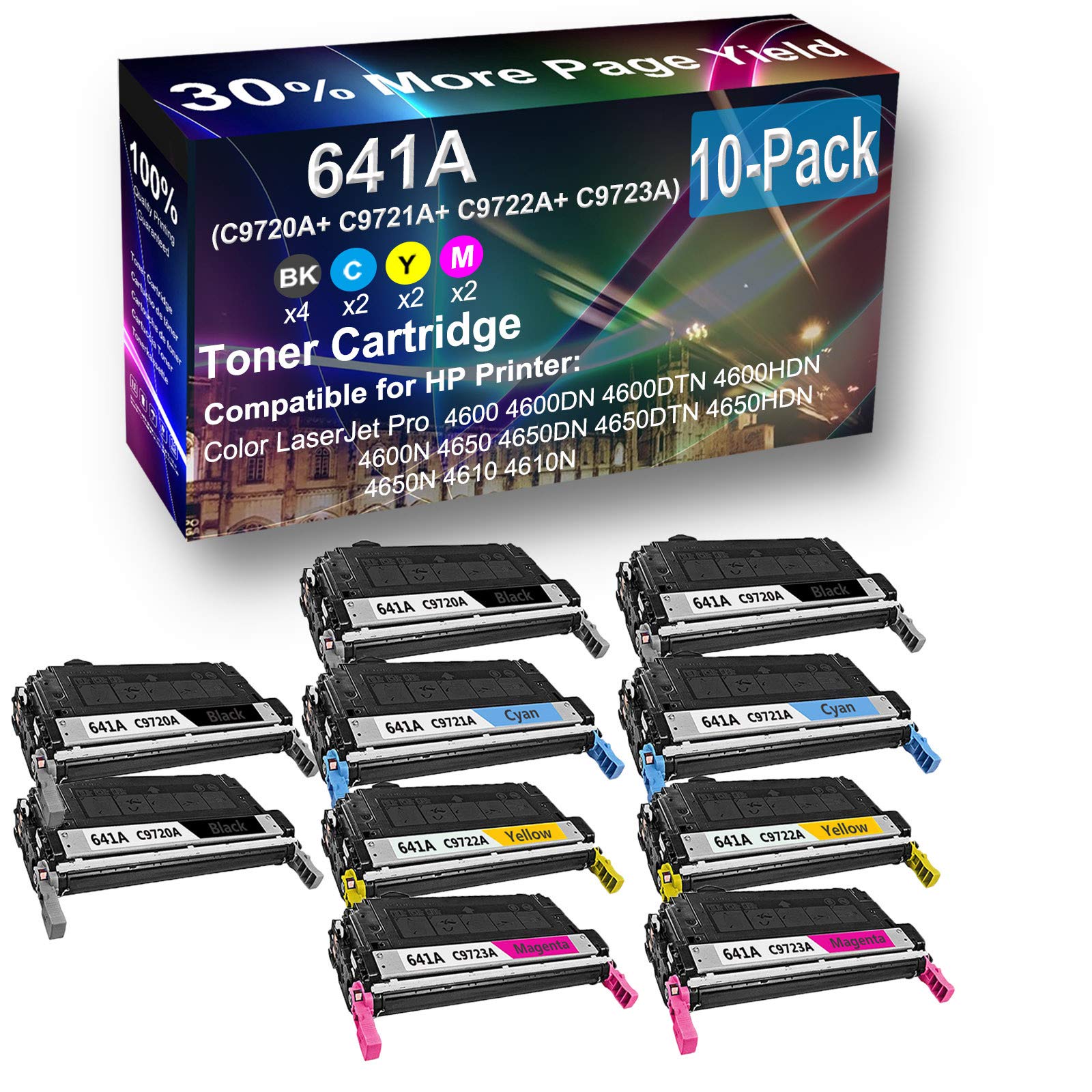 10-Pack High Yield 641A Compatible Toner Cartridges (4BK+2C+2Y+2M) for HP 4650HDN/4650N/4610/4610N Printers - Replacement for C9720A/C9721A/C9722A/C9723A - Perfect for Office & High Volume Printing