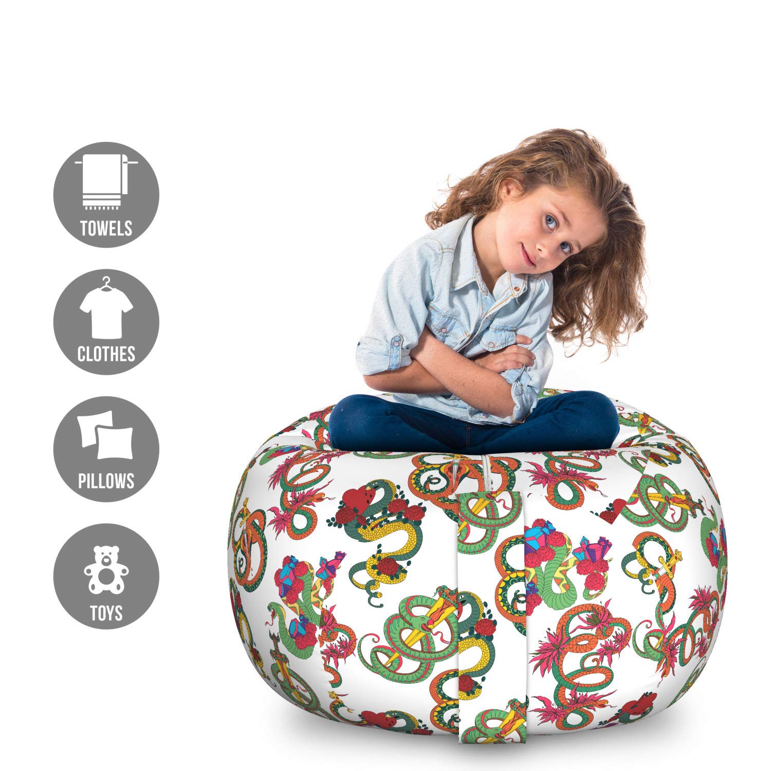 Ambesonne Dragon Toy Storage Bag Chair - Large Washable Stuffed Animal Organizer with Colorful Japanese Reptile & Floral Pattern - Perfect for Kids' Room, Playroom, and Nursery Organization