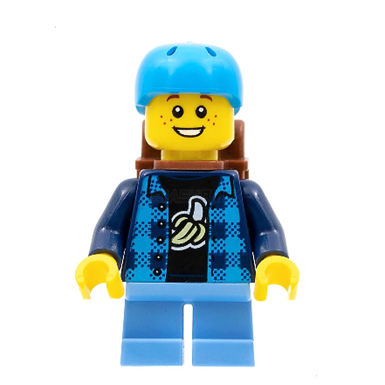 LEGO Minifigure Boy Skateboarder with Banana Shirt, Helmet & Backpack - Collectible Building Toy for Kids - Perfect for Playtime, Birthday Gifts & LEGO City Scenes