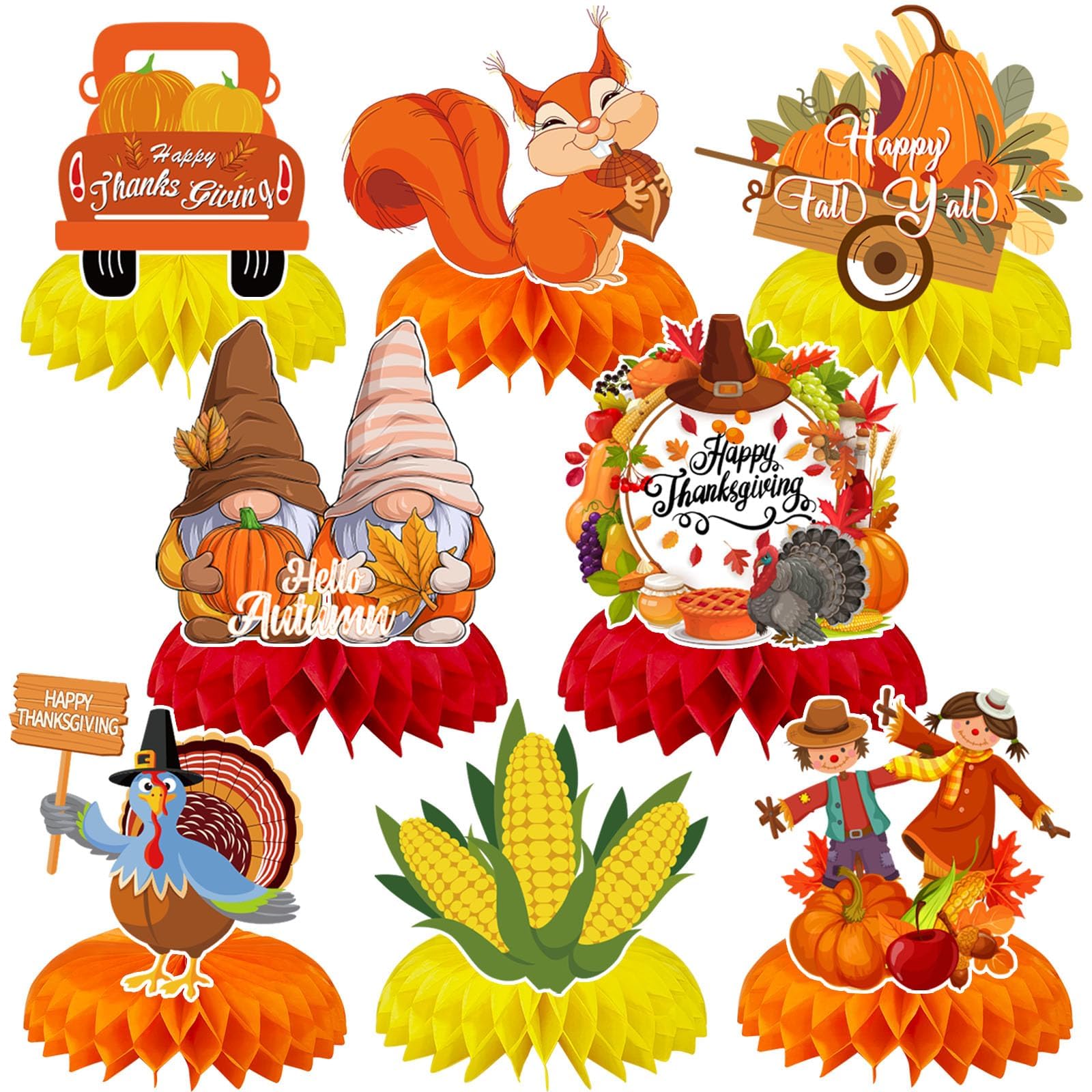JULMELON 8-Piece Thanksgiving Table Decor Set - 3D Double-Sided Fall Honeycomb Centerpieces with Turkey & Pumpkin Designs for Friendsgiving, Autumn Parties, and Harvest Festival Table Toppers | Perfect for Thanksgiving Dinner Decor, Fall Home Decor, and Seasonal Party Favors