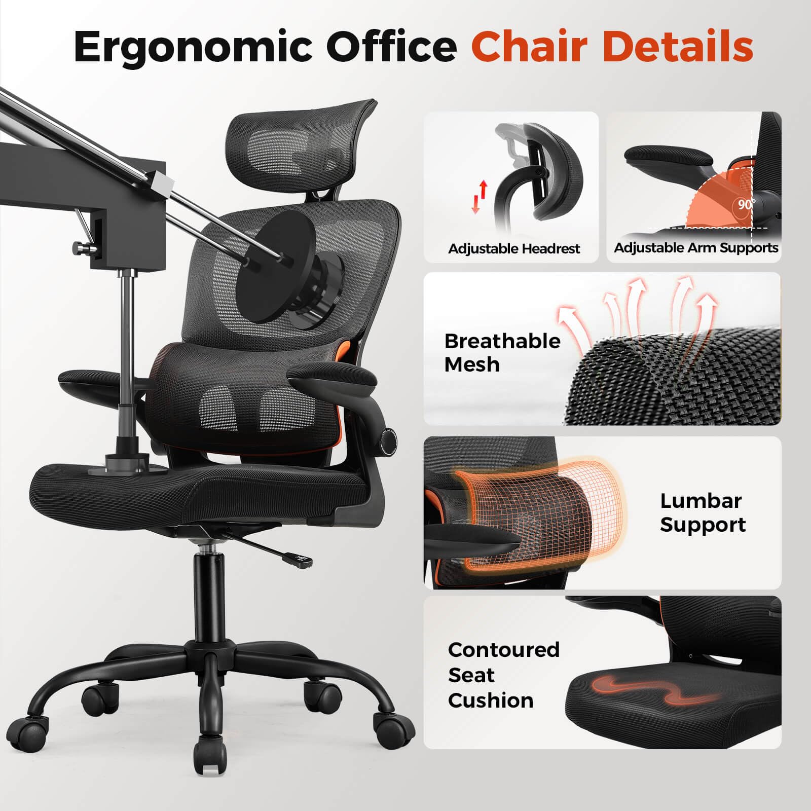 COMHOMA Ergonomic Office Desk Chair with 3D Adjustable Lumbar Support & Headrest - High Back Executive Computer Chair for Back Pain Relief, Flip-Up Armrests, Comfortable Mesh Task Chair (Ergo-Black) - Perfect for Home Office, Gaming, and Long Work Sessions