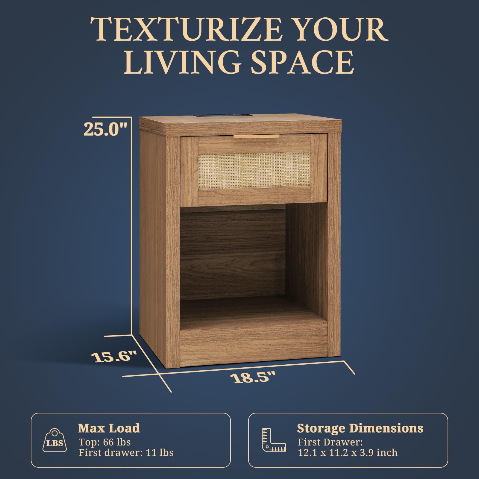 2-Piece Rattan Nightstand Set with USB-C Charging Station & Drawer - Boho Bedside Table, End Table for Bedroom & Living Room (Weathered Oak) - Perfect for Small Spaces, Guest Rooms & Apartment Decor