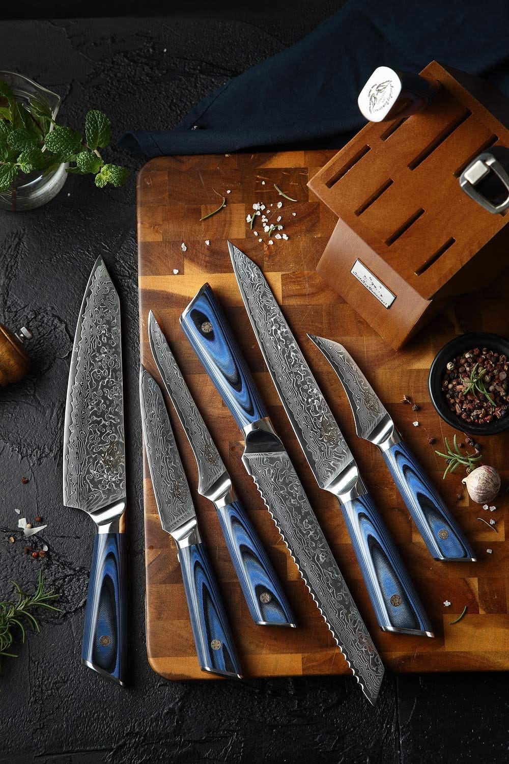 Premium 9-Piece Japanese AUS 10 Damascus Steel Knife Set with Blue G10 Handle - Professional Chef Knives for Kitchen, Sushi, Meat Cutting & Food Preparation