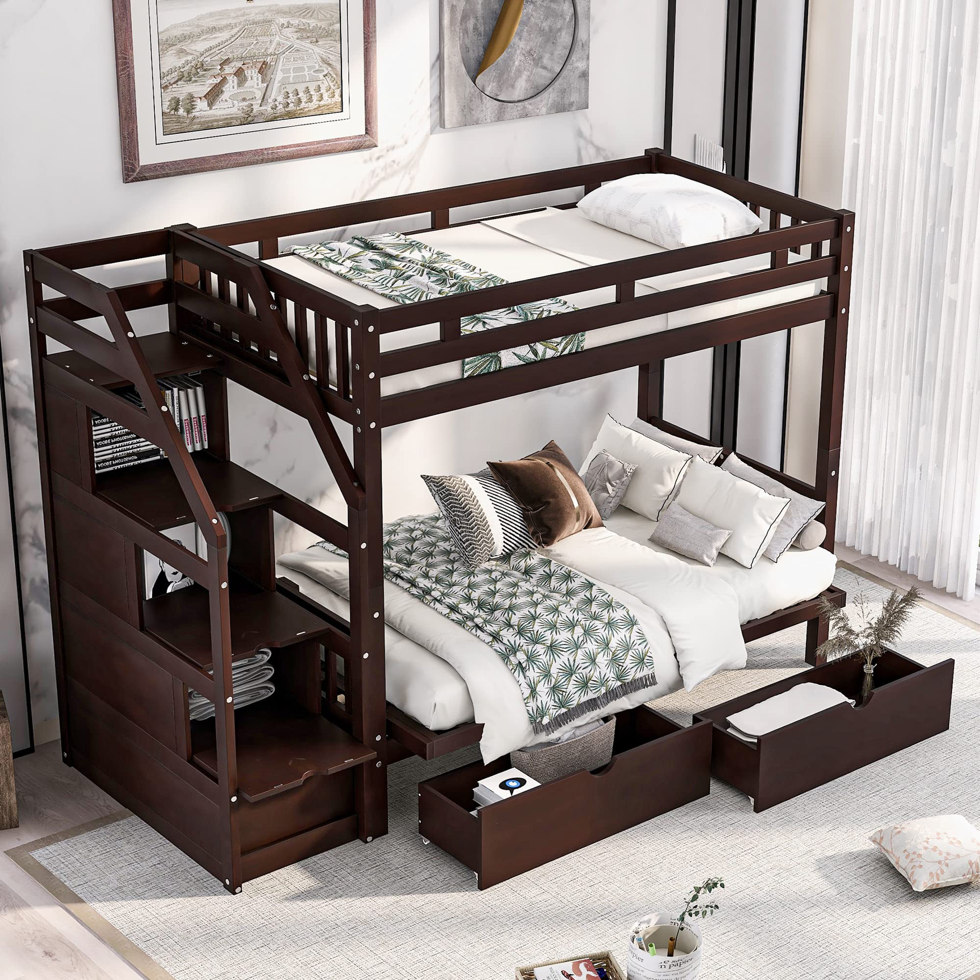 **Convertible Twin Over Full Bunk Bed with 2 Storage Drawers & Staircase - Espresso Wood Frame, Full-Length Guardrail - Daybed & Bunk Bed for Kids, Teens, Boys & Girls Bedroom - Space-Saving Solution for Small Rooms & Shared Bedrooms**