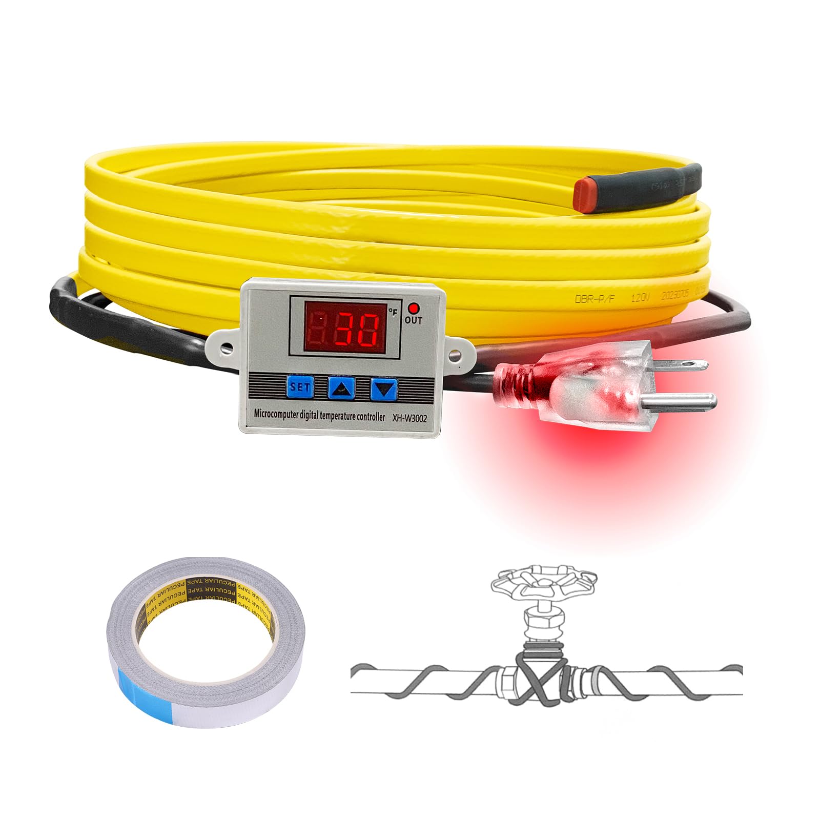 Cupohus 9FT Self-Regulating Heat Tape for Water Pipes - Digital Display Thermostat, Freeze Protection & Roof Deicing Cable for Metal/Plastic Pipes, RV Water Hose - Perfect for Home, RV & Outdoor Winter Pipe Protection