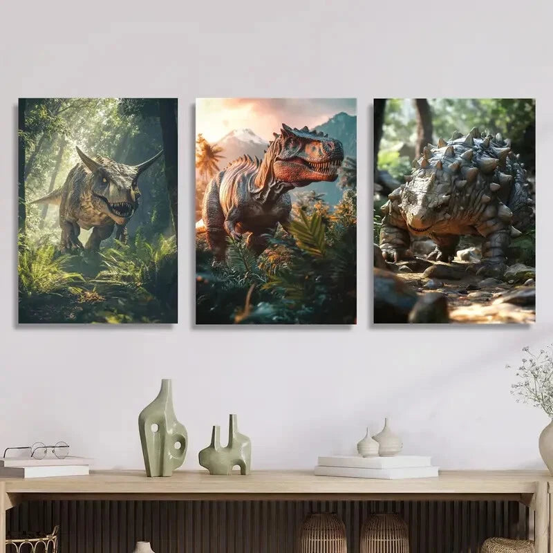 3Pcs Dinosaur in The Jungle Metal Wall Art - Spiked Monster Ready to Hang Canvas Prints - Perfect for Kids Room, Nursery & Dinosaur Themed Decor