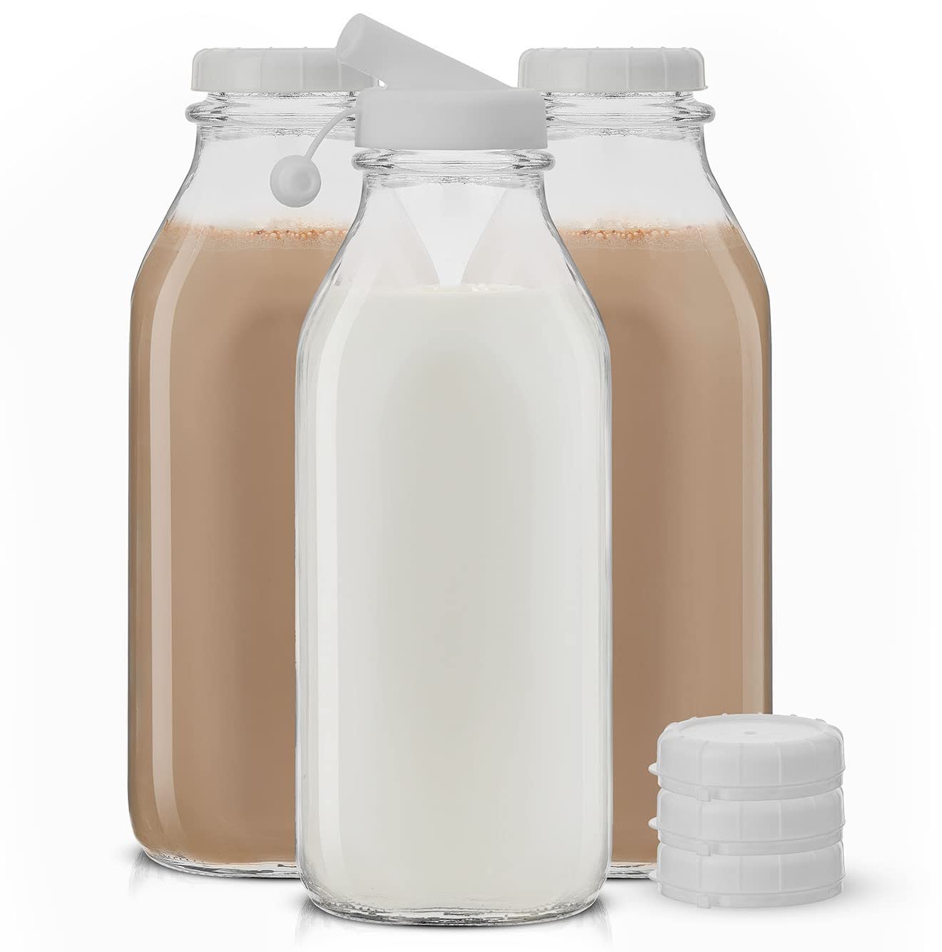 JoyJolt 32 Oz Glass Milk Bottles with Lids & Pourer - 3 Pack Airtight, Leakproof, BPA-Free Food Grade Pitcher | Reusable Heavy Duty Glass Jugs for Milk, Juice, Water | Dishwasher Safe for Kitchen, Restaurant, Camping & Meal Prep
