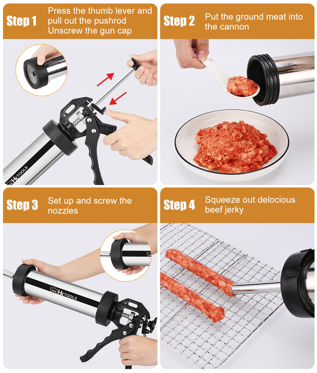 Premium Jerky Gun Kit - 2.5 LB Stainless Steel Sausage Stuffer with 6 Nozzles | Meatball & Jerky Maker Gun | Includes 2 Cleaning Brushes & Stomper | Perfect for Homemade Snacks, Camping & Meal Prep
