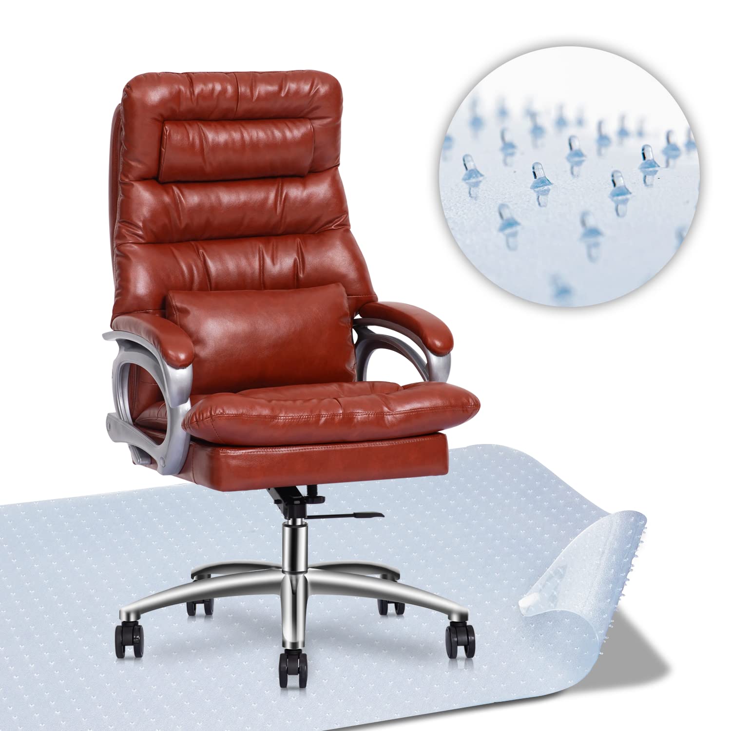 MoNiBloom Brown PU Leather Office Chair with Detachable Lumbar Support & Non-Slip Chair Mat Set - Ergonomic Executive Desk Chair for Home & Office Workspace, Perfect for Long Hours Sitting and Floor Protection