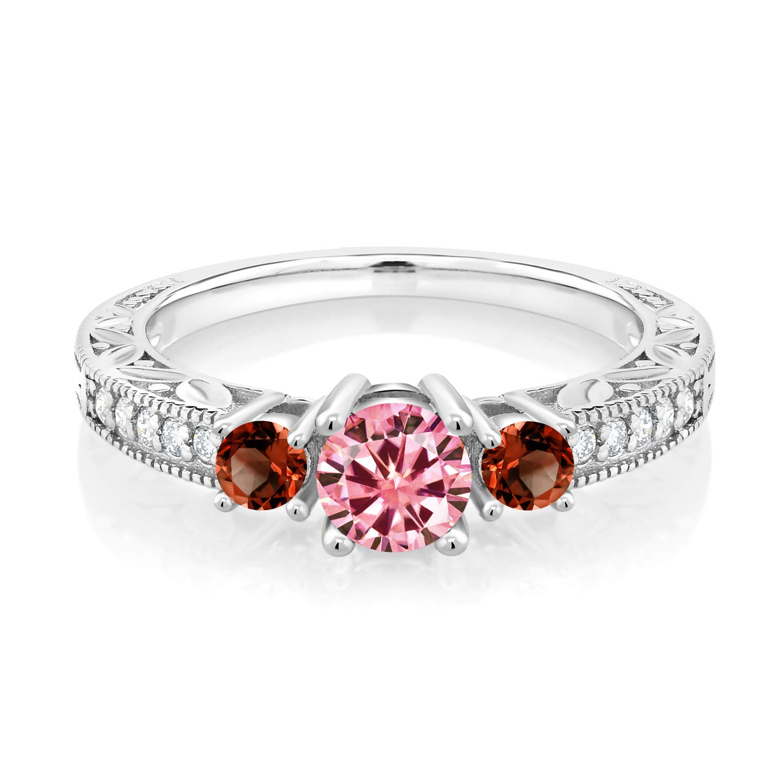 Gem Stone King 925 Sterling Silver 3-Stone Ring with Round Pink Moissanite & Garnet Red (0.93cttw) - Elegant Jewelry for Engagement, Anniversary & Special Occasions