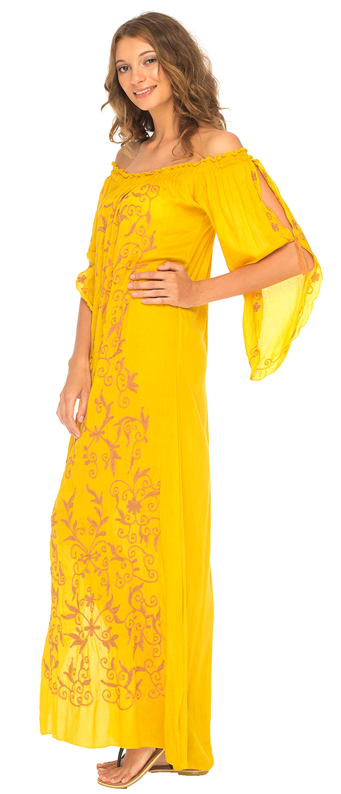 SHU-SHI Women's Casual Boho Ethnic Long Sleeve Off Shoulder Embroidered Maxi Dress - Perfect for Beach Vacations, Summer Parties & Boho Fashion