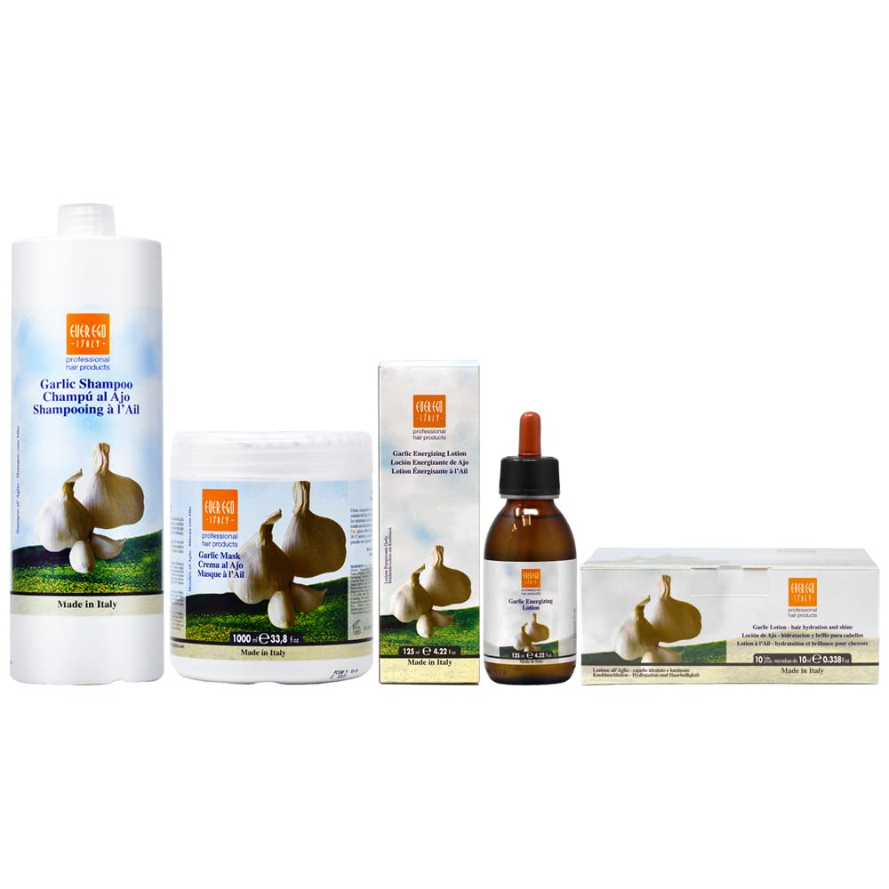 Ever Ego Garlic Shampoo & Hair Care Set (33.8oz Shampoo + 33.8oz Mask + 4.25oz Lotion + 10x10ml Hydro Shine Samples) - Sulfate-Free, Anti-Hair Loss Treatment for Dry, Damaged Hair - Perfect for Daily Use & Salon-Quality Results at Home