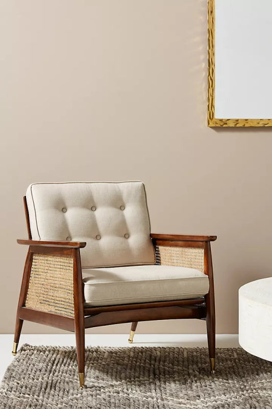 Nadia Caned Accent Chair with Brass Caped Design - Mid-Century Modern Rattan Lounge Chair for Living Room, Bedroom & Office Decor