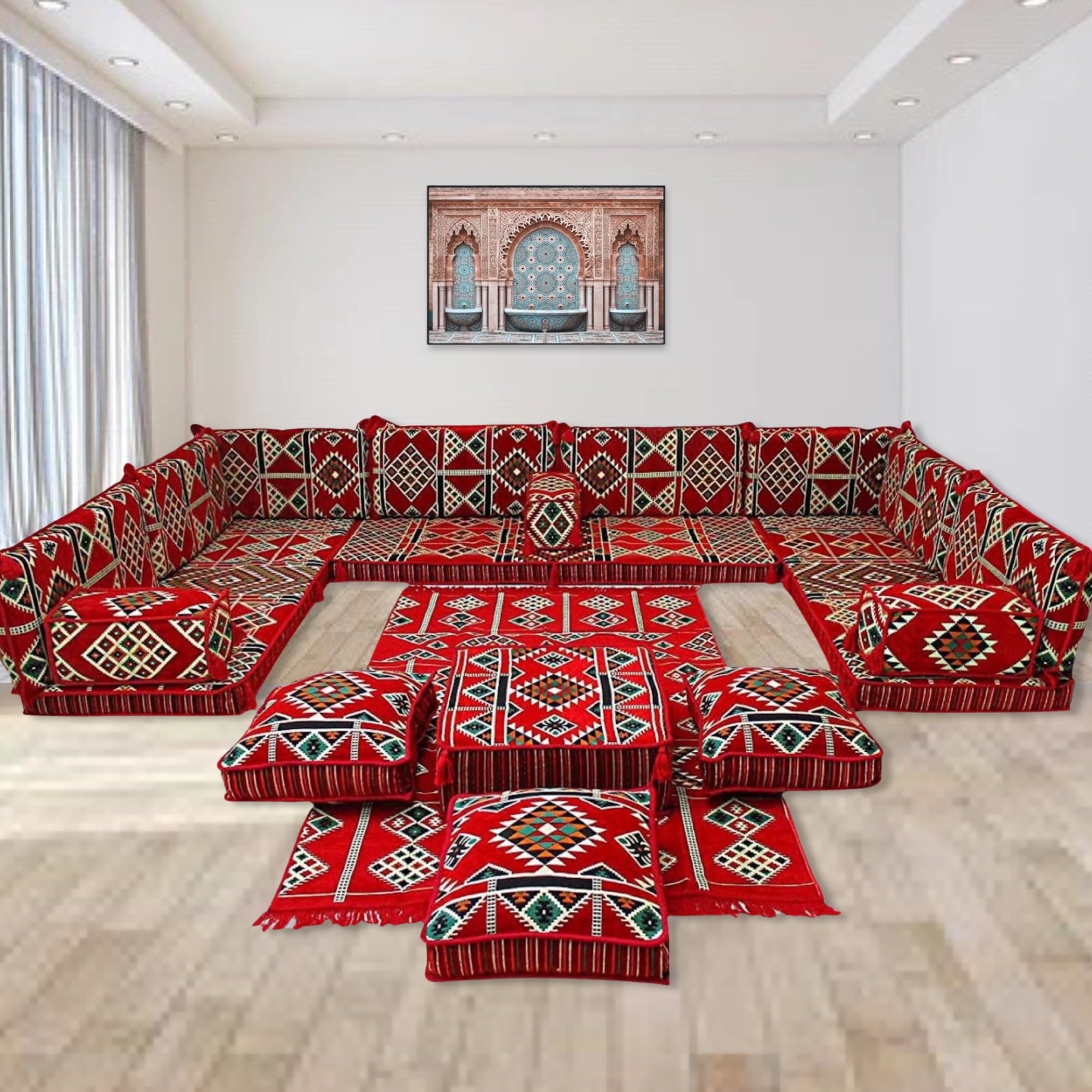 Arabic U-Shaped Majlis Sofa Set - Traditional Floor Seating Couch with Mattress for Living Room, Lounge & Cultural Gatherings | Perfect for Home Decor, Family Events & Middle Eastern Style Interiors