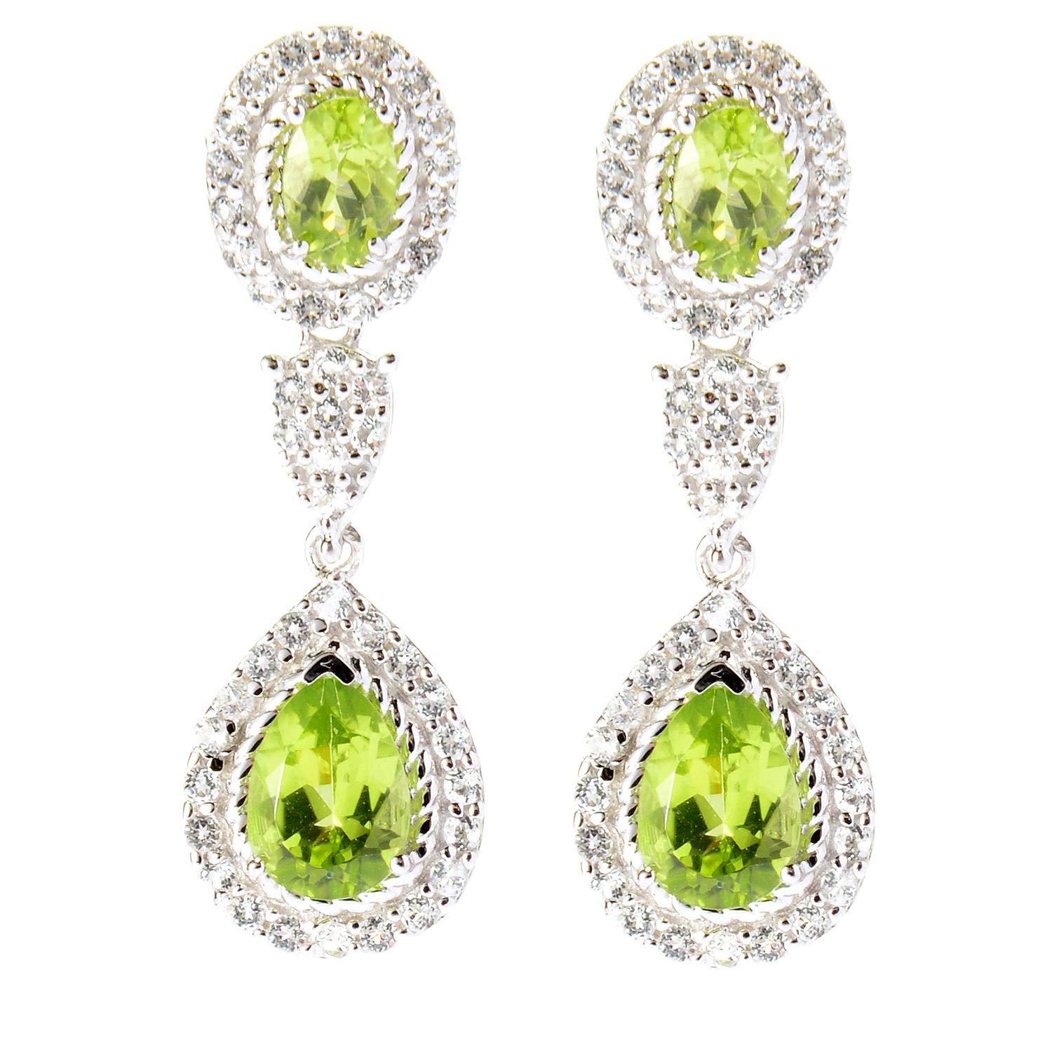 Natural Peridot & White Topaz Sterling Silver Long Drop Earrings for Women - Perfect for Weddings, Parties & Evening Events