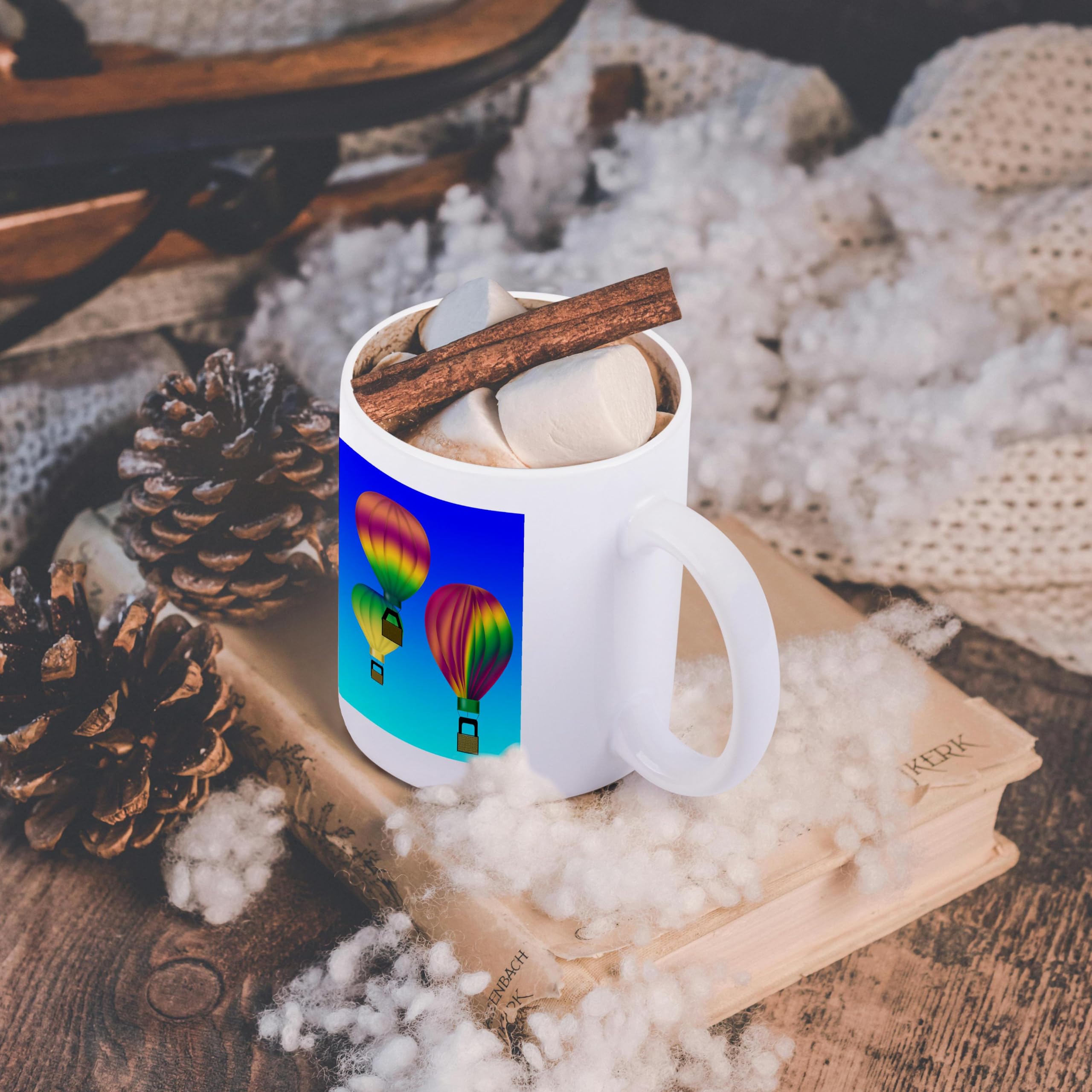 3D Rose Colorful Hot Air Balloon Ceramic Mug 11 oz - Blue Sky Background Graphic Design - Perfect for Coffee, Tea & Office Use