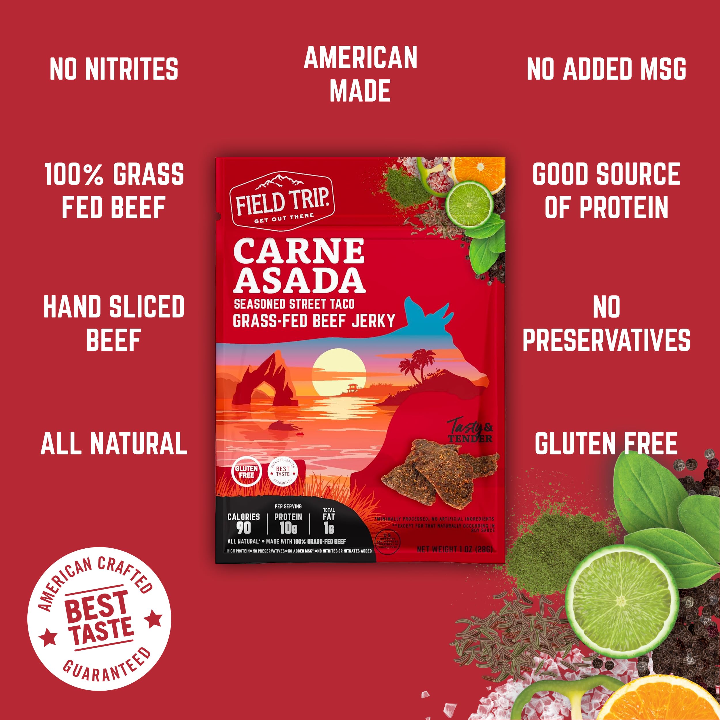Field Trip Grass Fed Beef Jerky Variety Pack - 4 Pack of 2.2oz Bags | All Natural, Gluten Free, Paleo-Friendly, Nitrate-Free, Low Carb & High Protein Healthy Meat Snacks | Perfect for Hiking, Camping, Road Trips & Office Snacking