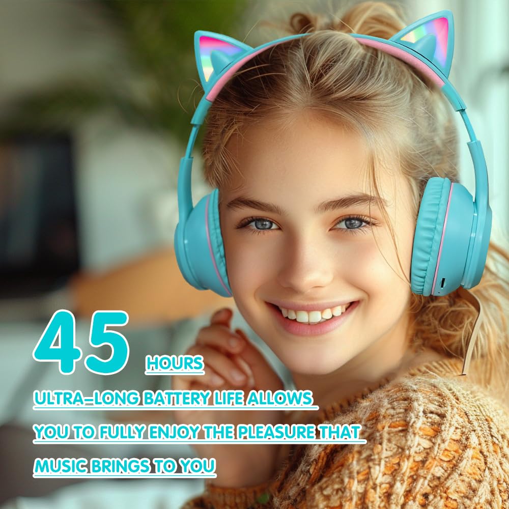 **MIDOLA Cat Ear Wireless Bluetooth Headphones 5.3 with LED Lights - 60H Playtime, Foldable Over-Ear Gaming Headset with Mic for PC, Laptop, Tablet, Phone - Perfect for Gaming, Music & Streaming (Cyan)**