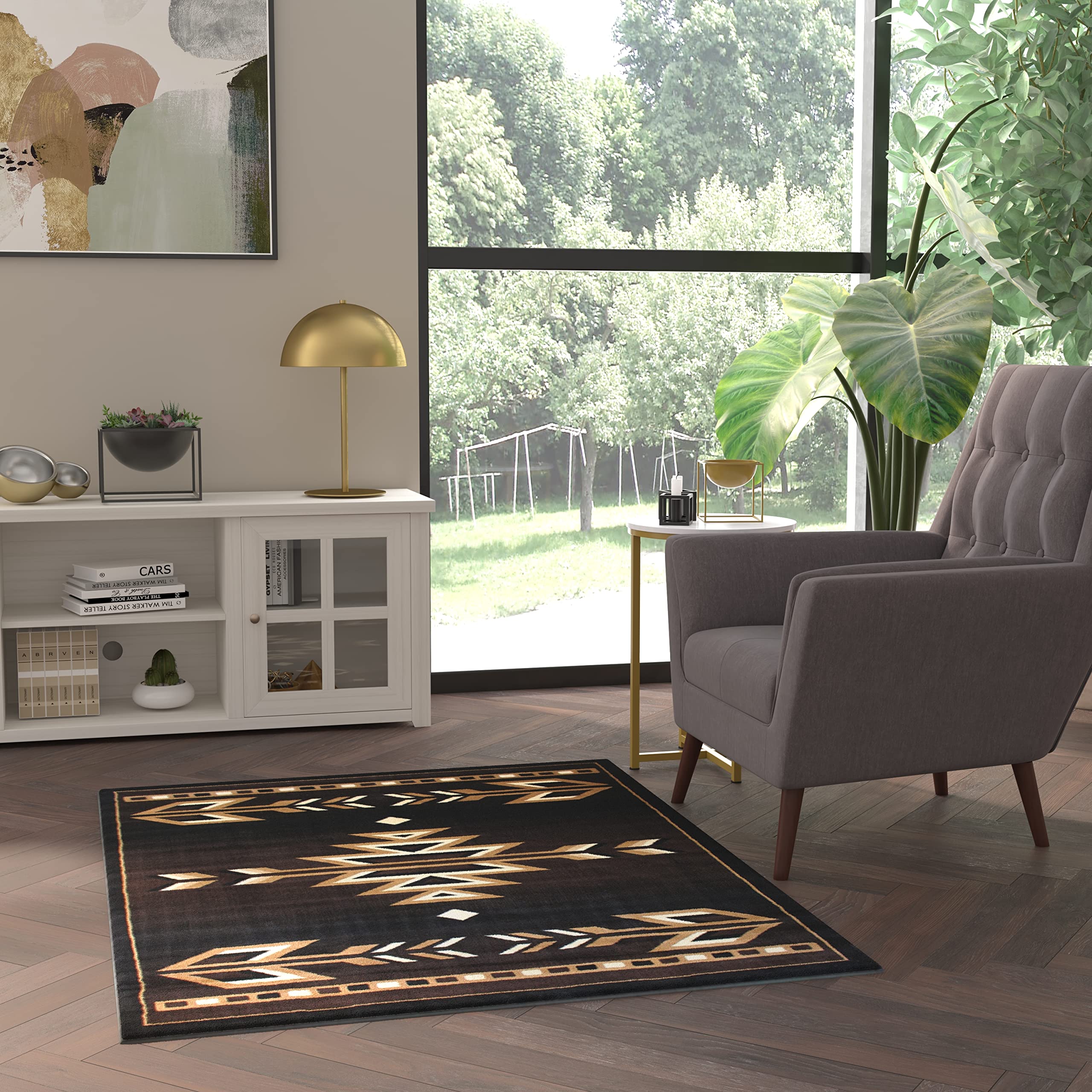 EMMA + OLIVER Southwestern Geometric Arrow Accent Rug - 4'x5' Brown Olefin Area Rug with Jute Backing | Stain & Moisture Resistant, Non-Shedding | Perfect for Living Room, Bedroom, or Entryway Decor