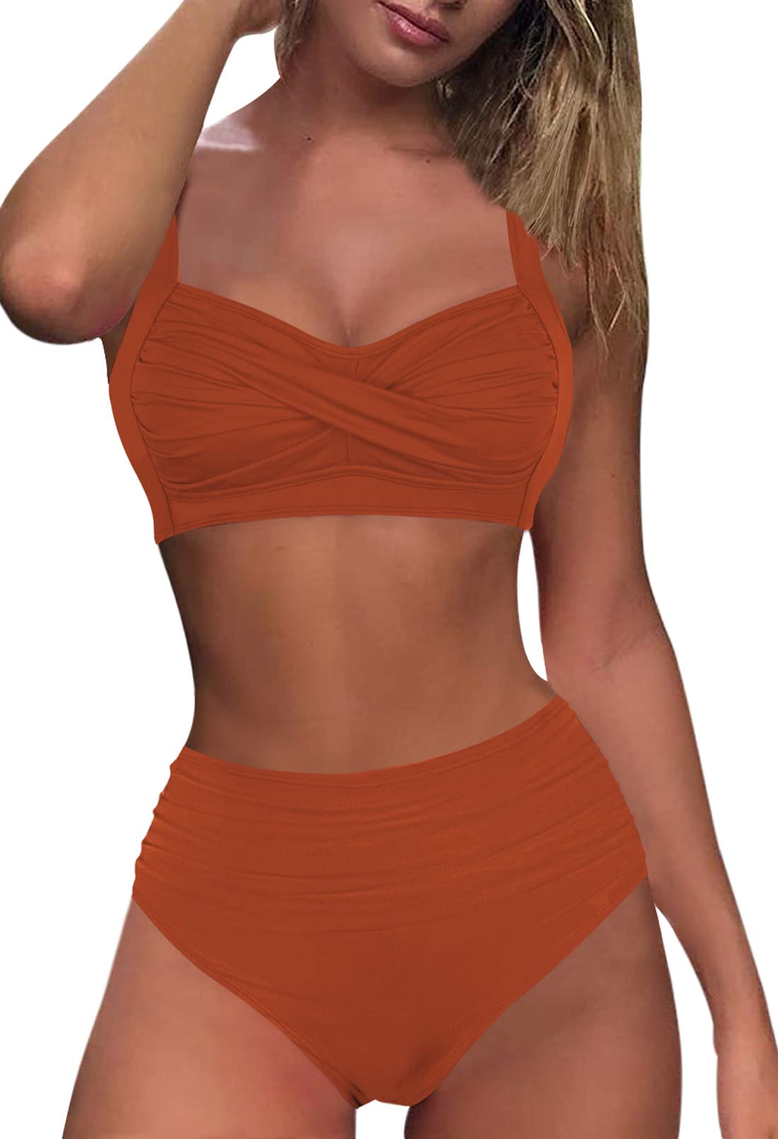 Sovoyontee Women's 2 Piece High Waisted Bikini Set - Ruched Swimsuit Bathing Suit for Women, Tummy Control Swimwear - Perfect for Beach Vacation, Pool Party & Summer Swimming