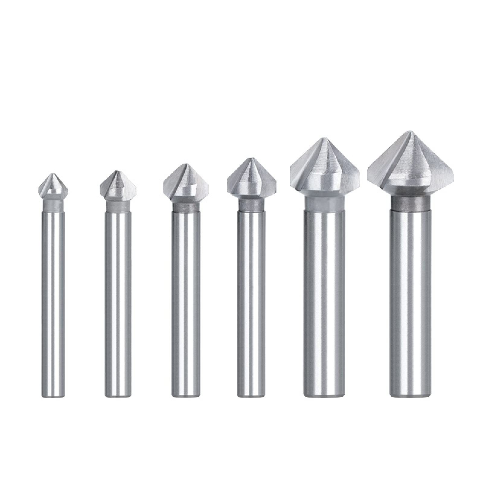 ALEYHA 6-Piece HSS 90 Degree Chamfering Cutter Set - 3 Flute End Mill Countersink Drill Bits (6.3-20.5mm) for Metalworking, Woodworking & DIY Projects
