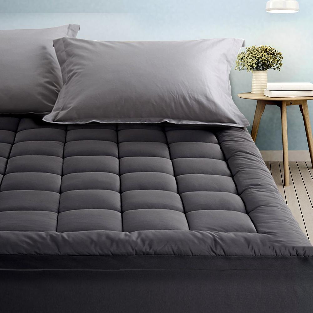 Premium 1000GSM Double Mattress Topper - Charcoal Microfiber with Bamboo Fiber Filling | Cooling & Supportive Pillowtop Protector for Back Pain Relief | Ideal for Guest Beds, Dorm Rooms & Master Bedrooms