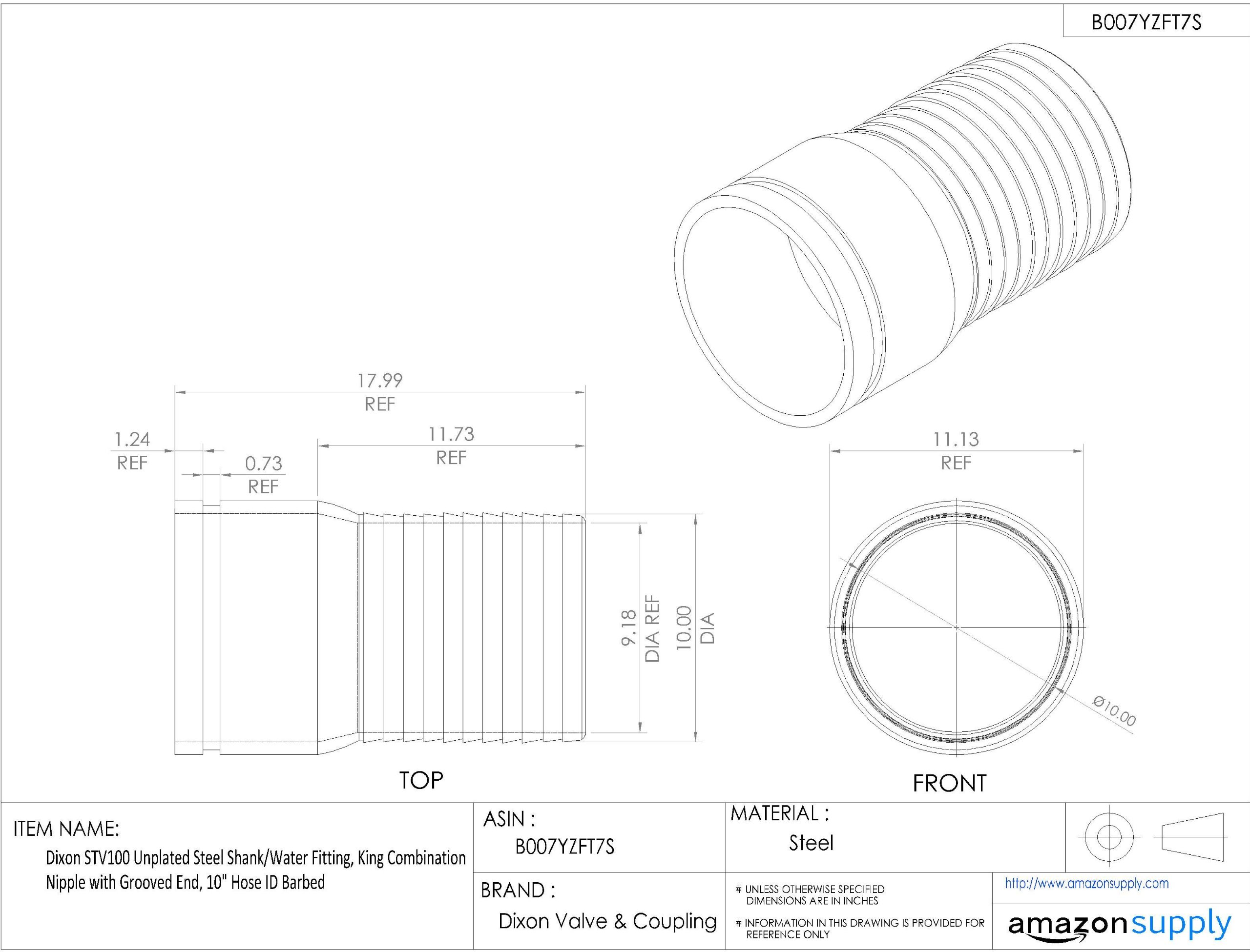 **Dixon STV100 Unplated Steel Shank Water Fitting - King Combination Nipple with Grooved End, 10