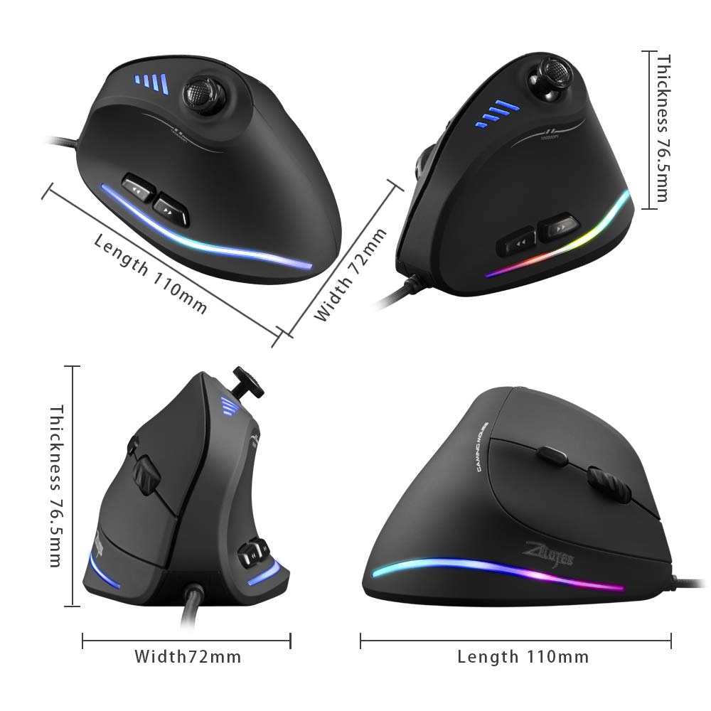 Zelotes Wired Gaming Mouse with Joystick - 10000 DPI, 11 Programmable Buttons, RGB Lighting, Ergonomic Vertical Design for PC, Mac, Laptop - Perfect for FPS, MMO Gaming & Office Work (Black)
