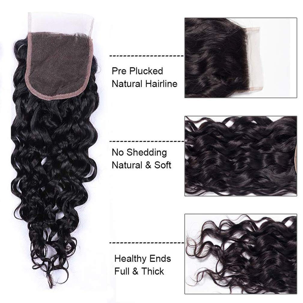 14 16 18+12 Inch Water Wave Human Hair Bundles with 4x4 Lace Closure - 100% Unprocessed Brazilian Virgin Hair - 3 Bundles Set for Natural Look - Perfect for Sew-in Weaves, Wig Making, and Everyday Styling