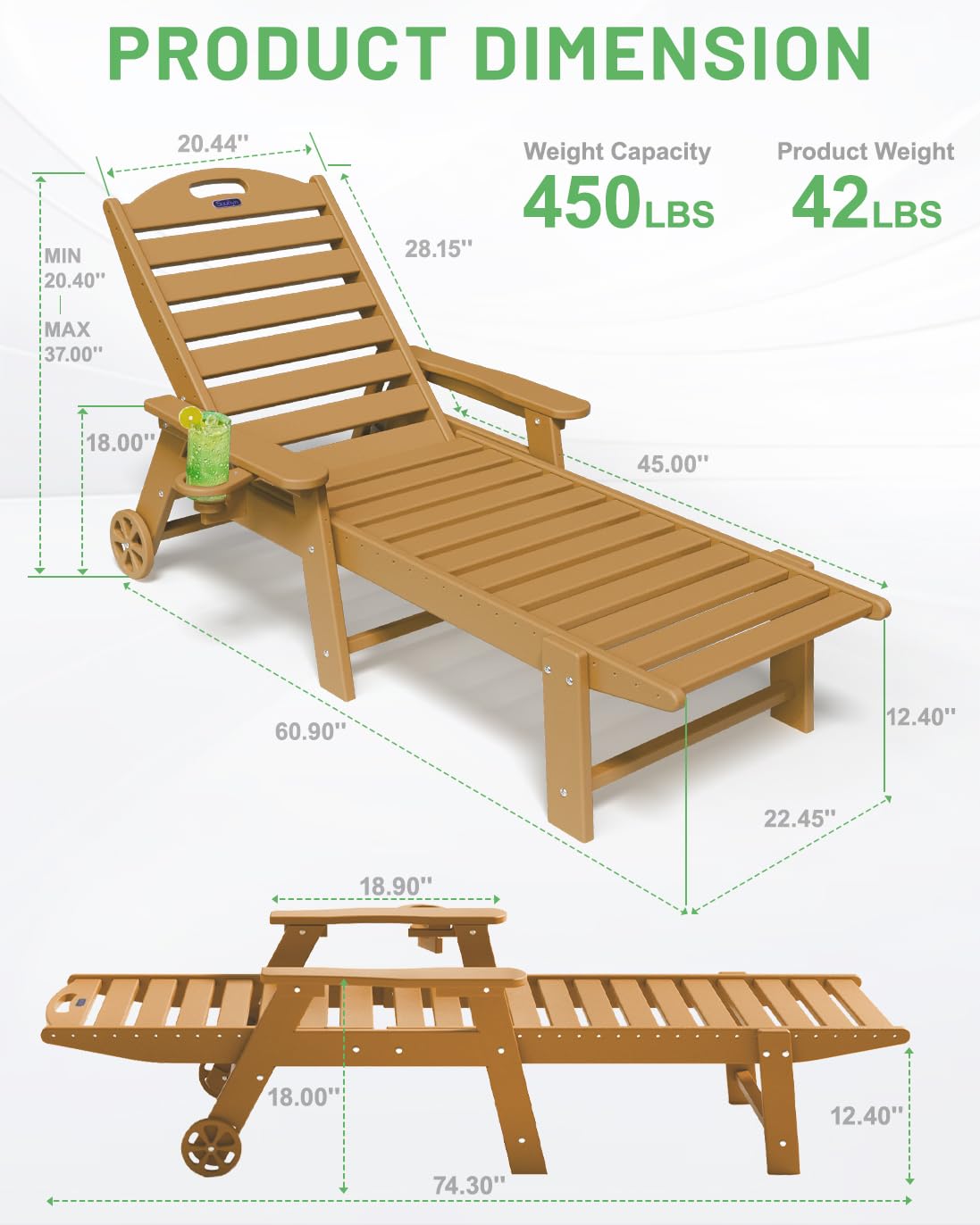 2-Piece HDPE Outdoor Lounge Chair Set with 6-Position Adjustable Back, Wheels & Cup Holders - Teak Poolside Chaise Lounge for Backyard, Patio & Deck Relaxation | Perfect for Sunbathing, Swimming Pool Areas & Outdoor Lounging