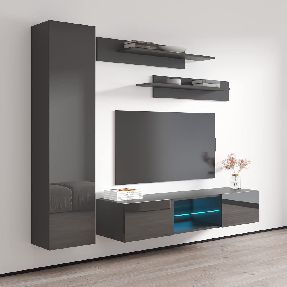Modern Wall-Mounted TV Stand with Storage Shelves & LED Lights - Fly G 33 Entertainment Center Console for Living Room & Bedroom - Space-Saving Gray TV Cabinet (G1) - Perfect for Small Apartments, Dorms and Home Theater Setups