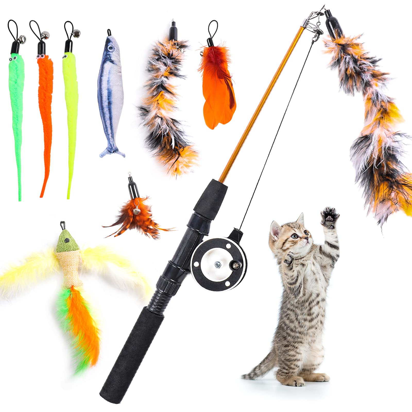 9 PCS Interactive Cat Fishing Pole Toy Set - Retractable Cat Wand with Feathers, Plush Fish, Worm & Bells - Catnip-Infused Kitten Teaser Toys for Indoor Play & Exercise