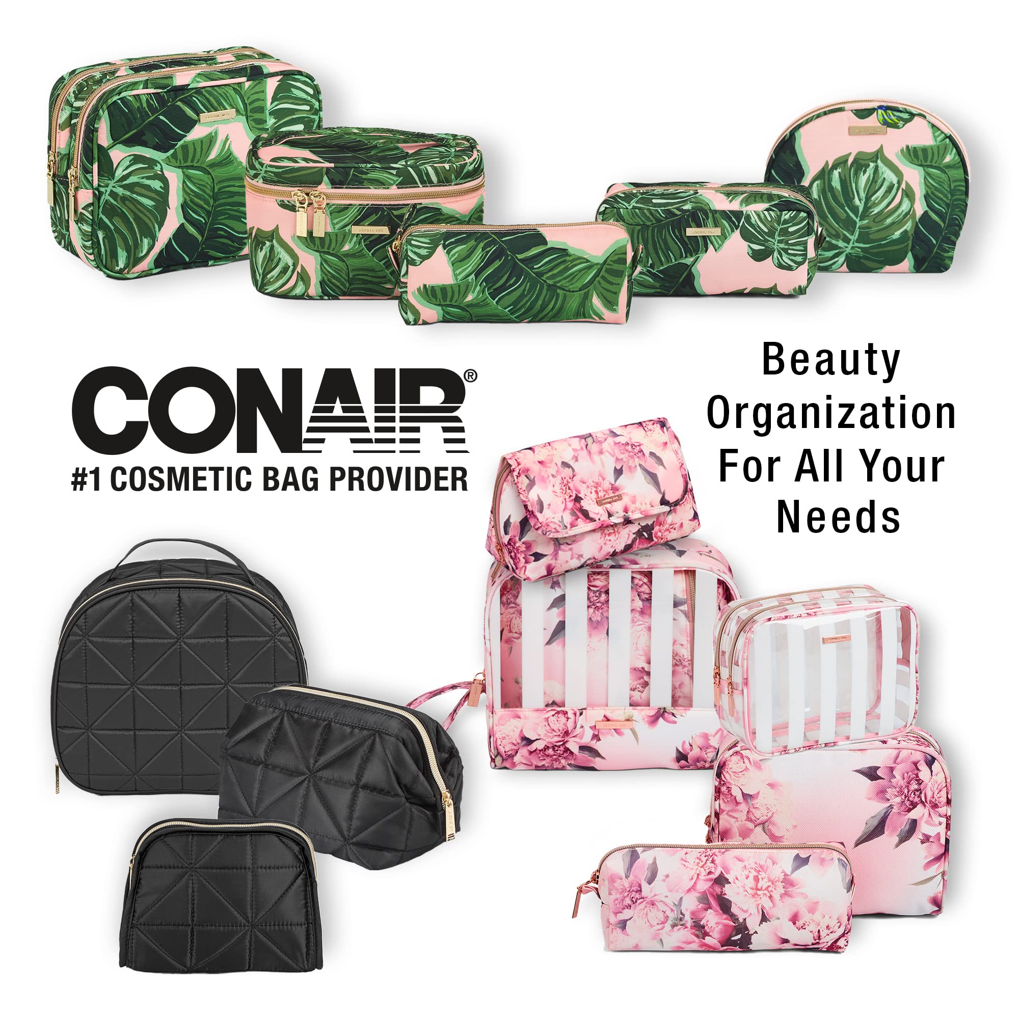 Conair Makeup Beauty Case - Black Print Cosmetic Organizer with Expandable Shelves & Locking Latch | Travel-Friendly Makeup Storage for London SOHO & New York Style | Perfect for Home, Travel & Professional Makeup Artists