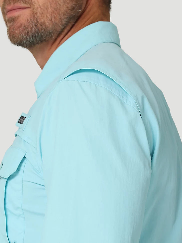 ATG By Wrangler™ Men's Long Sleeve Fishing Shirt - Gulf Blue - Moisture Wicking & UV Protection for Outdoor Activities, Hiking, and Camping