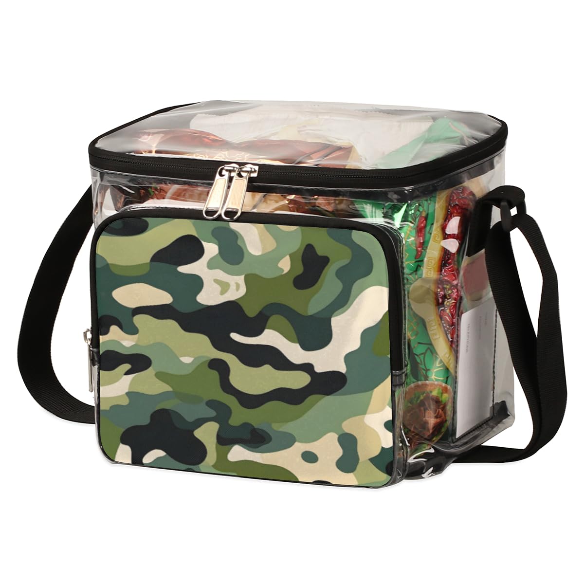 GzLeyigou Military Camo Clear Tote Bag with Handles - Fashionable Camouflage Green Transparent Crossbody Shoulder Bag for Lunch, Outdoor, Travel, Picnic, Concerts & Sports Events - Stadium Approved Multipurpose Carryall | Perfect for School, Beach, Shopping & Festival Essentials