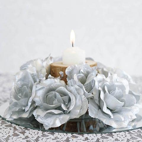 Silk Rose Candle Ring Artificial Flowers - Silver (4 Pack) - Elegant Table Decor for Weddings, Parties & Home Centerpieces