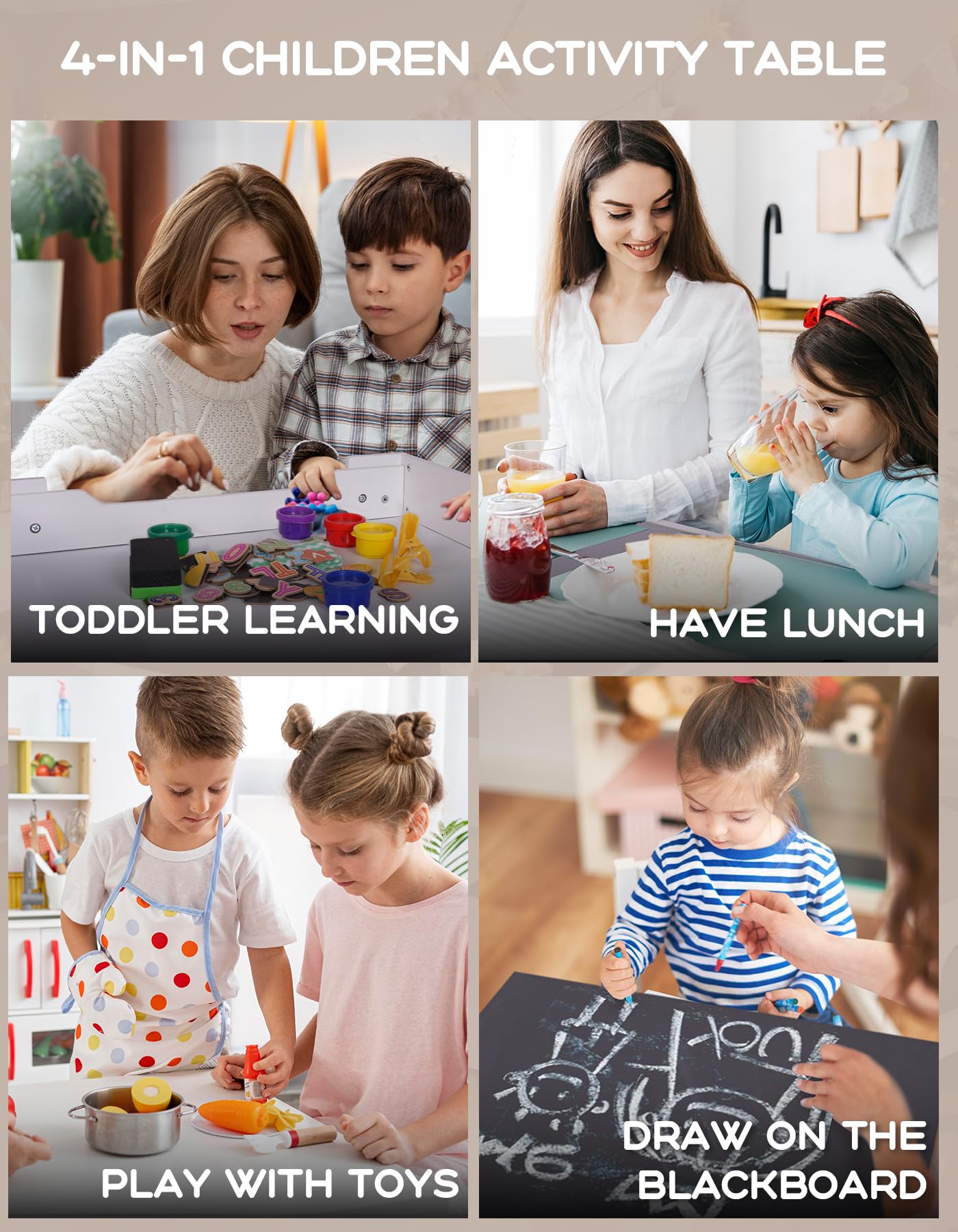 Joyooss 4-in-1 Wooden Kids Table and Chairs Set for Toddlers Ages 3-7, Adjustable Height Children's Study Desk with 2-in-1 Tabletop & Storage - Perfect for Playroom, Homeschooling, and Arts & Crafts Activities