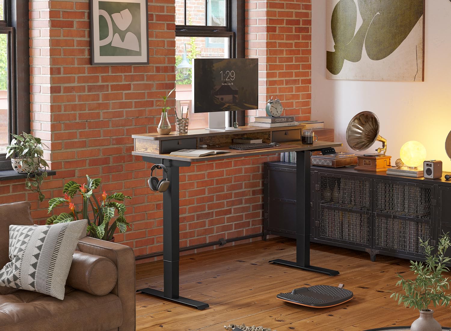FEZIBO 55 x 24 Inch Electric Standing Desk with Double Drawers & Storage Shelf - Height Adjustable Sit Stand Workstation, Black Frame & Rustic Brown Top for Home Office, Gaming & Study
