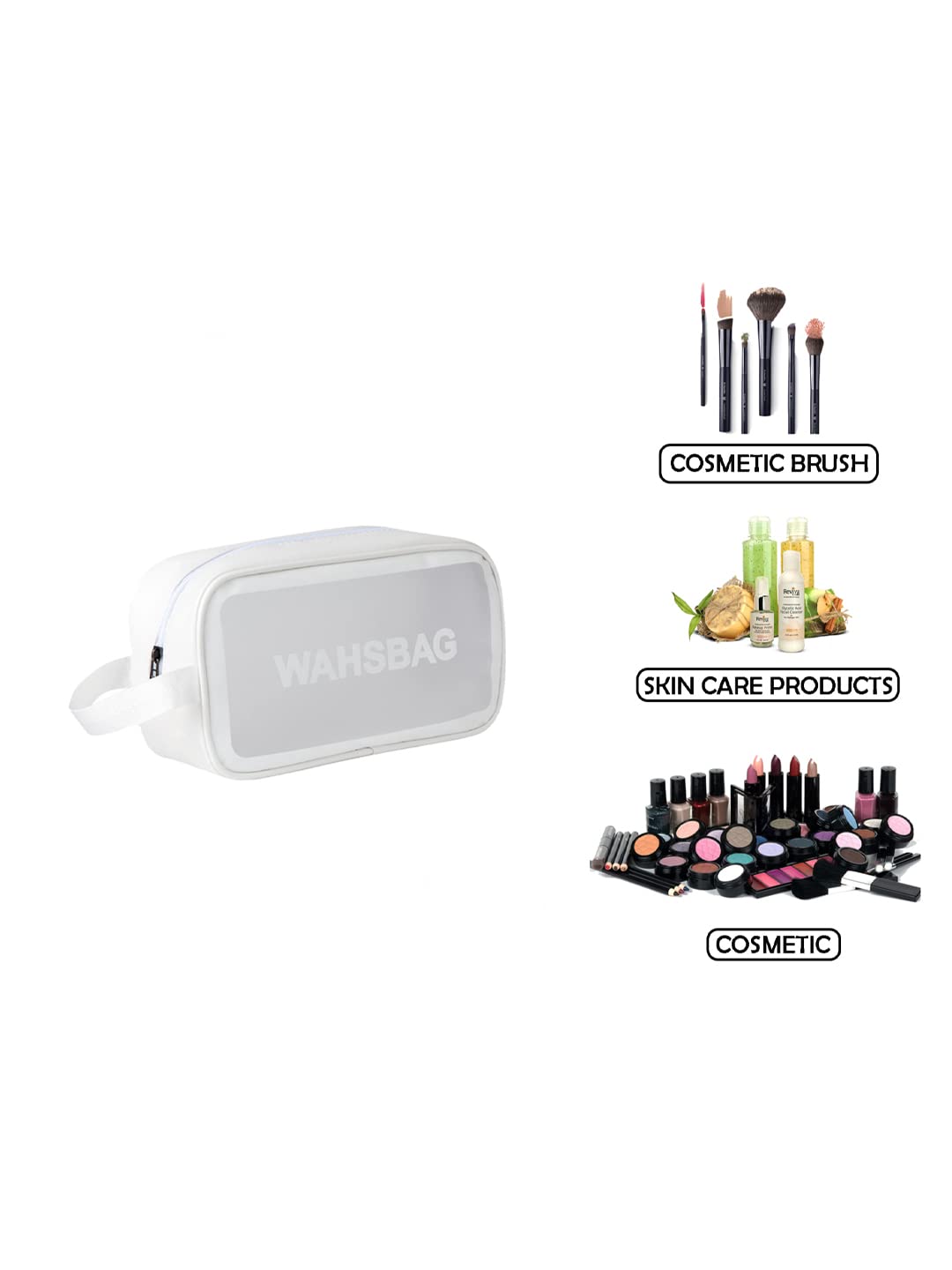 Amso Waterproof PVC Cosmetic Bag - Travel Makeup Organizer for Brushes & Toiletry Essentials, Portable Zippered Makeup Pouch for Women (White, Medium) | Perfect for Home, Gym, Vacation & Daily Use