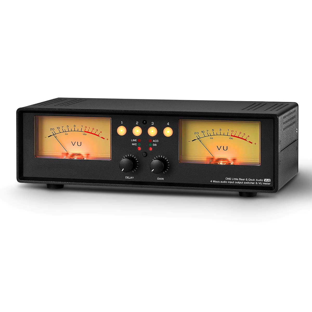 Douk Audio VU2 Dual VU Meter - Analog Sound Level Indicator with 4-Way Splitter Switch for MIC & Line Input - Audio Switcher Box for Speaker, Amplifier, Preamp (Light Version) - Perfect for Home Studios, DJ Setups & Live Sound Systems