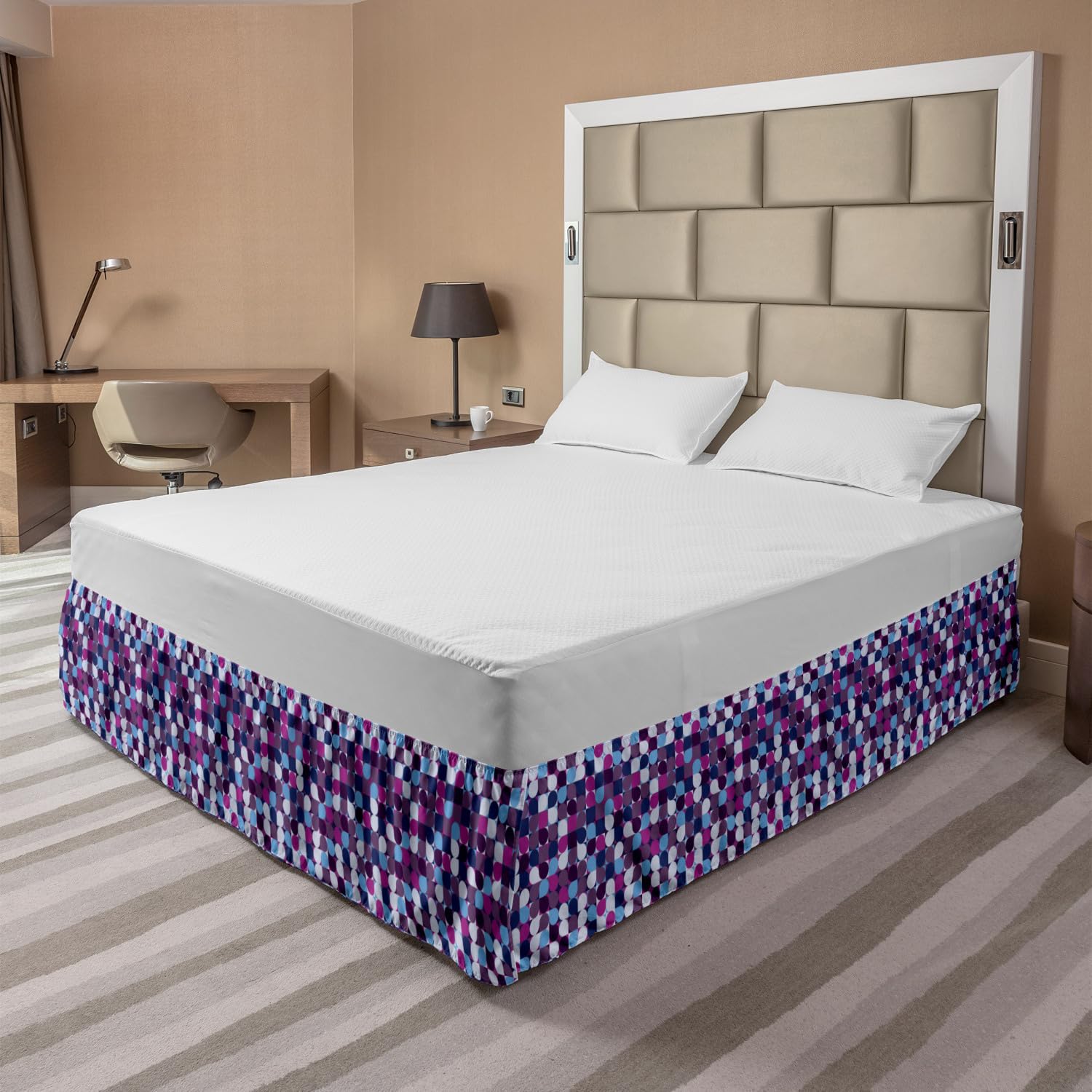 Ambesonne Geometric Bed Skirt - Modern Abstract Circle & Square Mosaic Design, Elastic Dust Ruffle Wrap Around Bed Skirt for Queen Size Beds | Perfect for Home Decor, Guest Rooms & Bedroom Makeovers