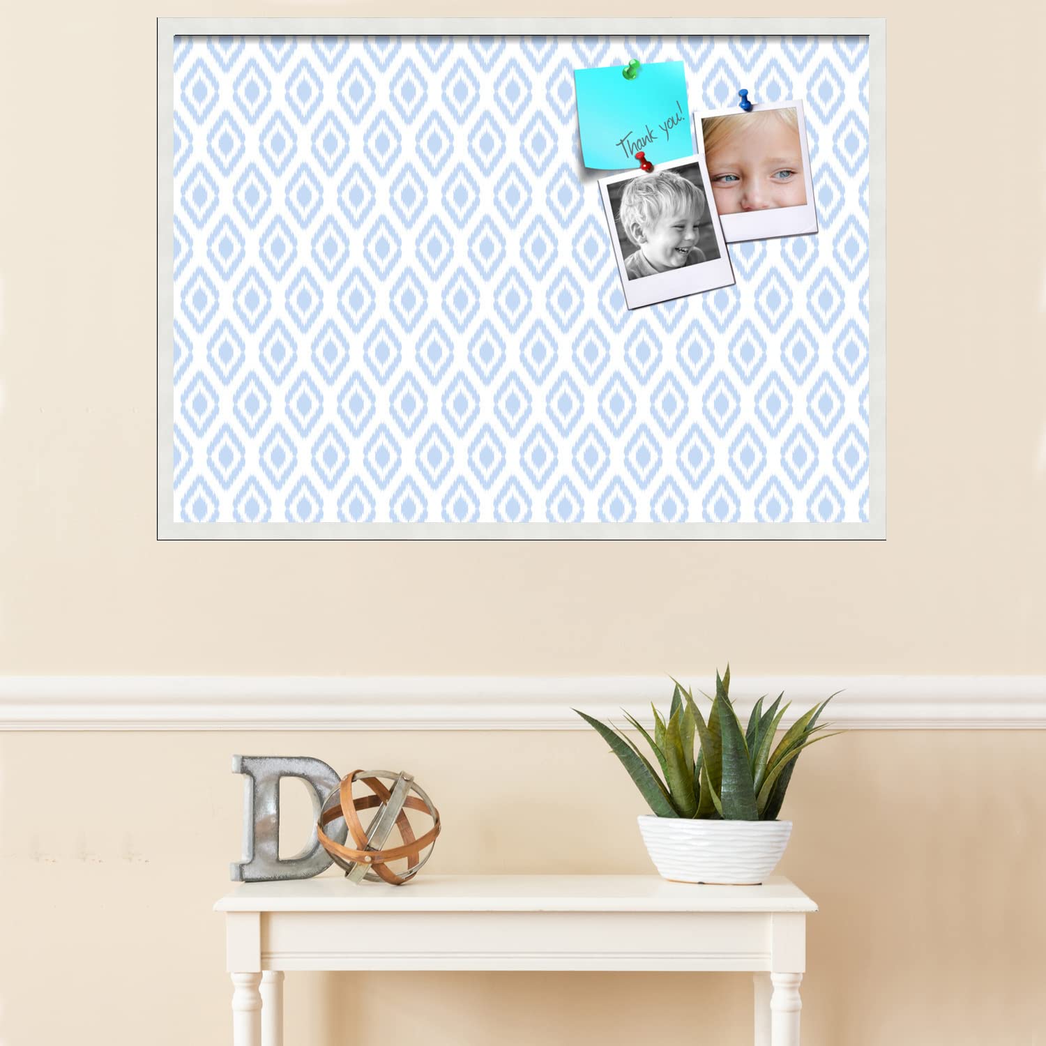 PinPix 40x28 Inch Cork Bulletin Board with Ikat Light Blue Design & Satin White Frame - Decorative Wall Organizer for Home Office, School Classroom, Dorm Room, or Workspace (PinPix-1633)