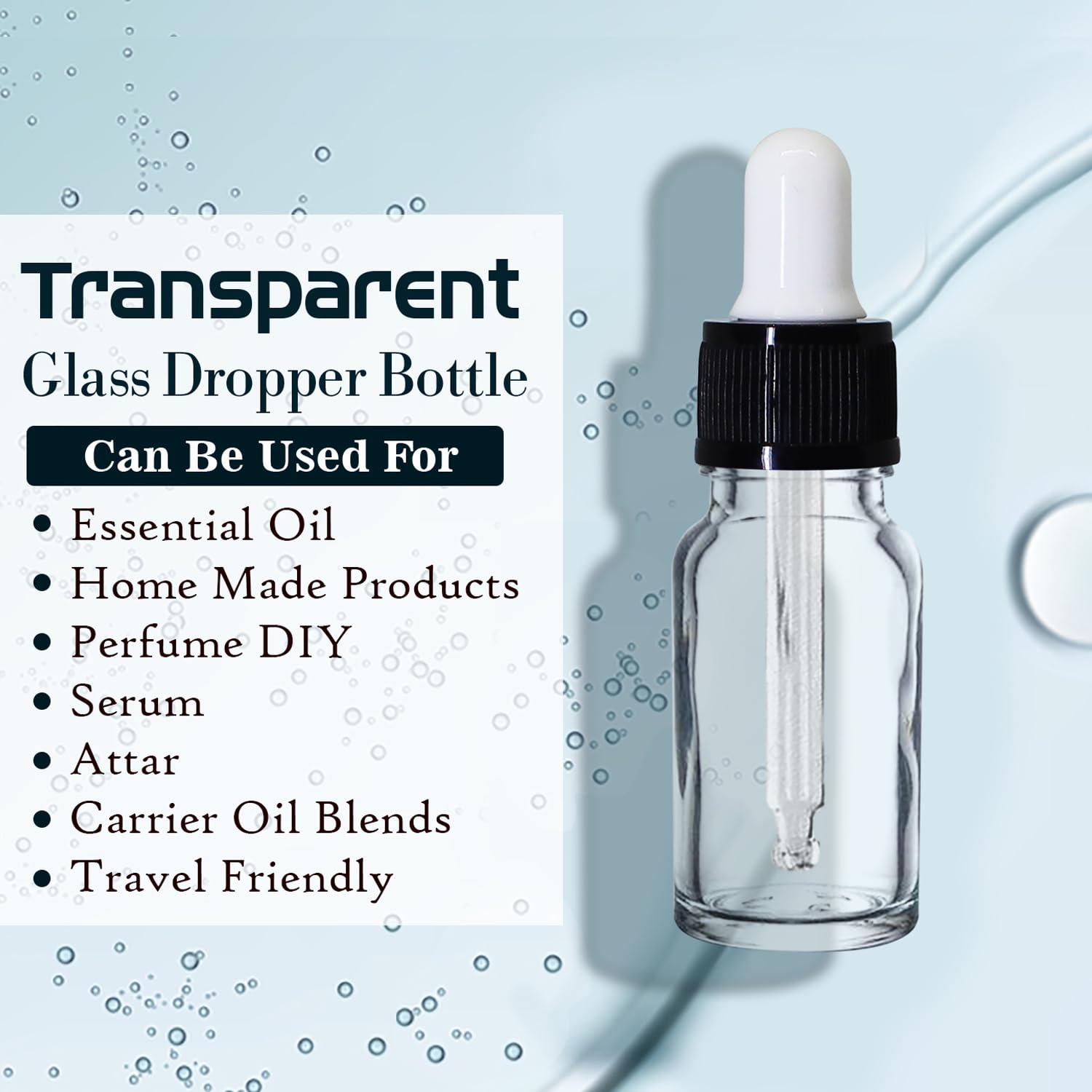 NSB Herbals 10ml Clear Round Empty Glass Bottle with Dropper & Black Ring - White Silicone Teat for Essential Oils, Perfumes, DIY Liquids (Pack of 3) | Refillable Travel-Size Containers for Aromatherapy & Beauty Products