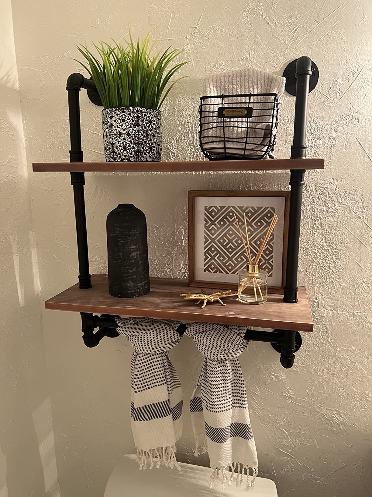 ROGMARS 19.7 Inch Rustic Wood Floating Shelves with Towel Bar - Industrial Pipe Wall Shelf for Bathroom, Farmhouse Decor - Space Saving Over Toilet Storage for Towels, Plants & Decor Items
